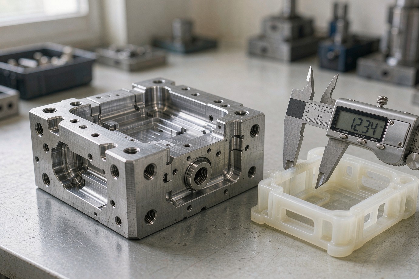 Aluminum prototype injection mold insert on a workbench with a molded sample part being measured with digital calipers