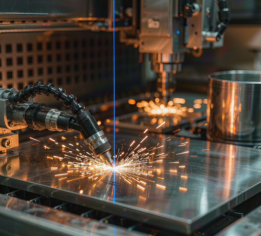 Fiber laser cutting a stainless steel sheet in a sheet metal fabrication workshop