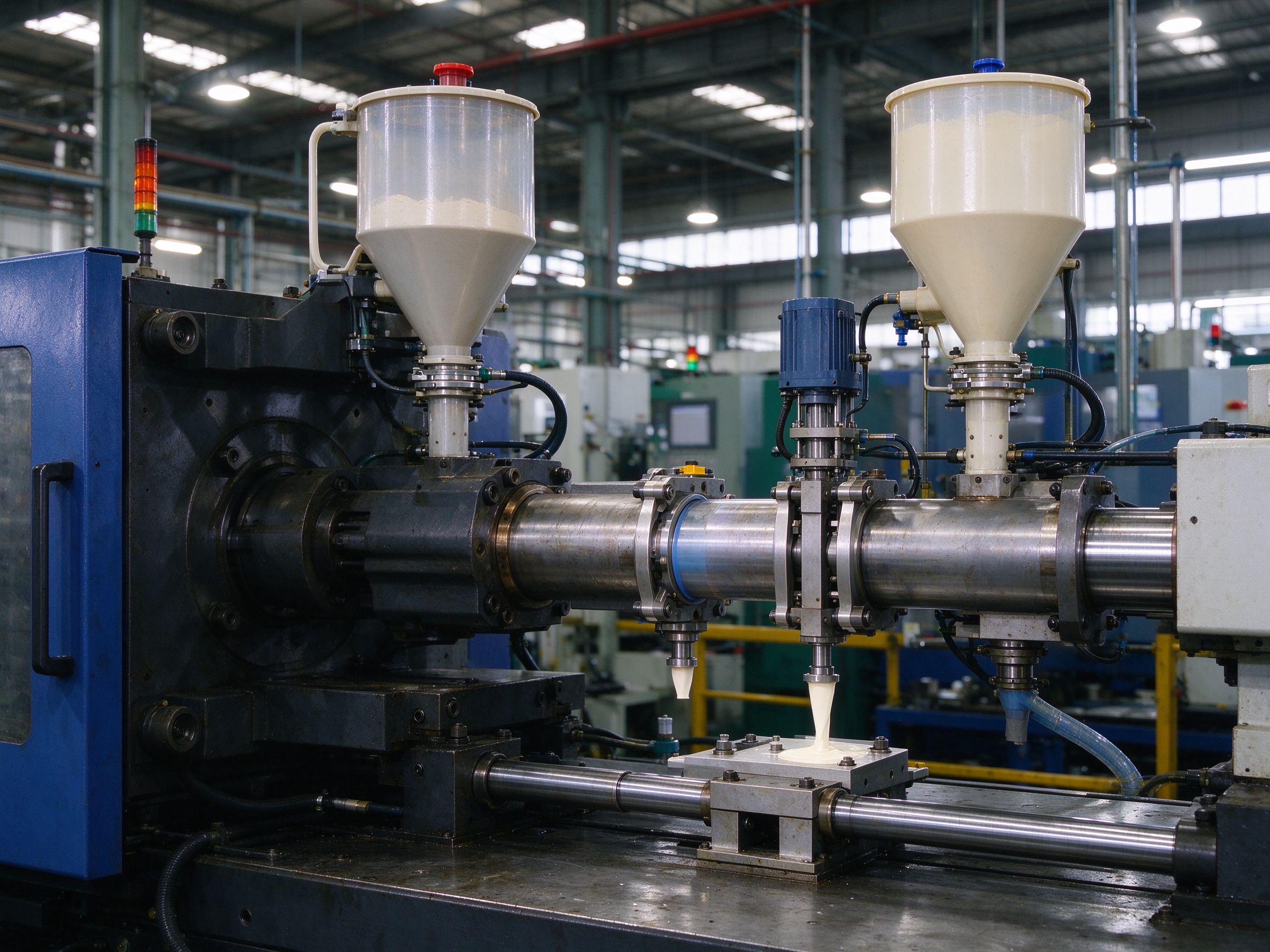 Multi-component injection unit with two material feeds