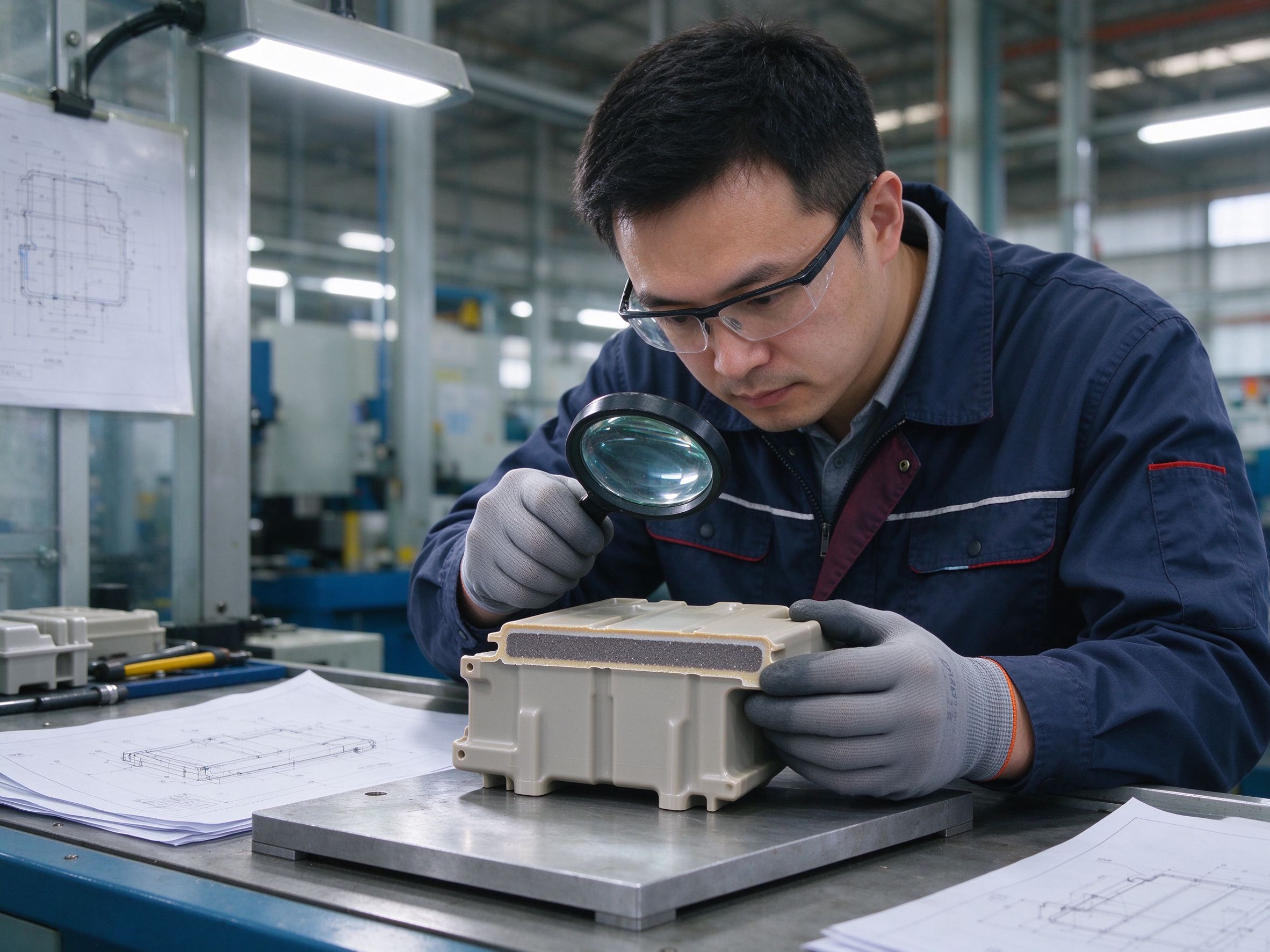 Engineer inspecting the skin and core layer distribution of a cross-section