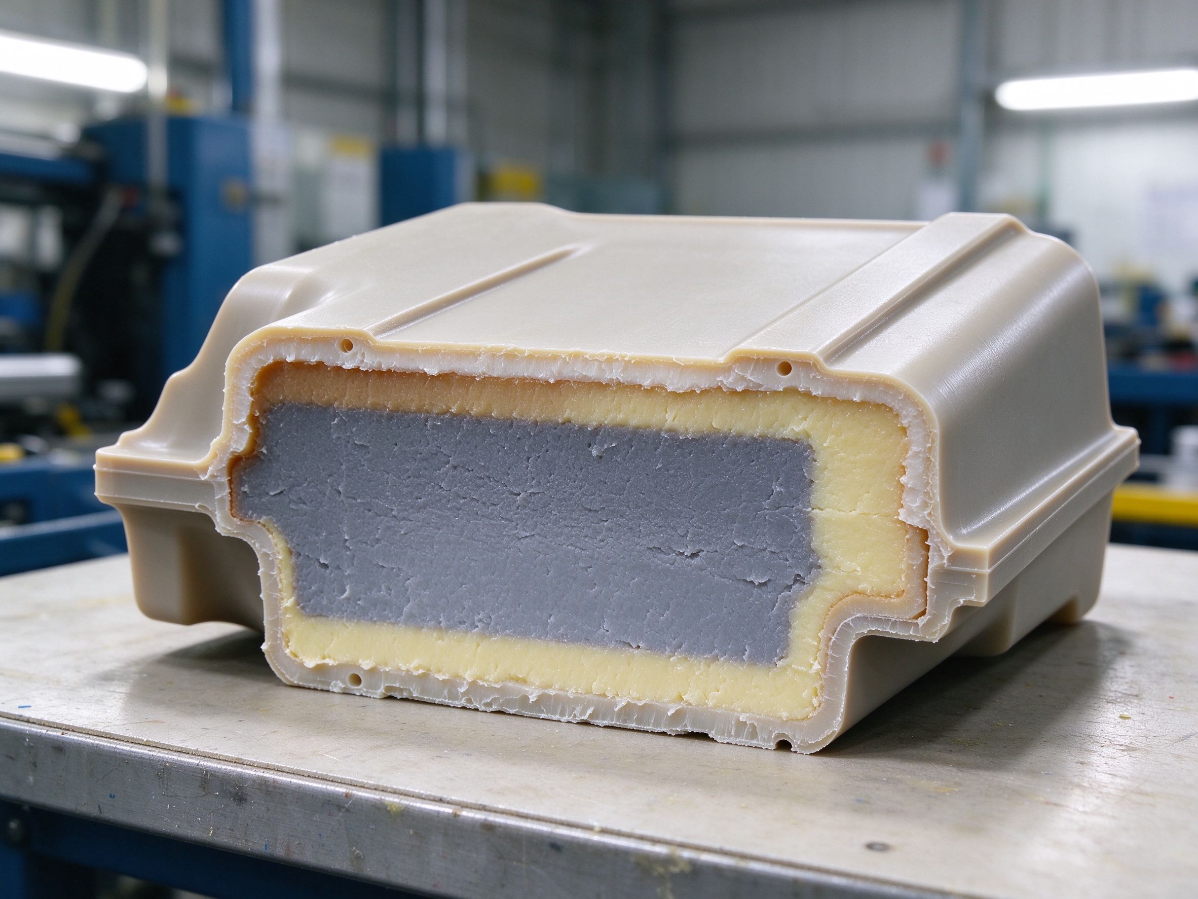 Cross-section of a molded part showing skin and core layers