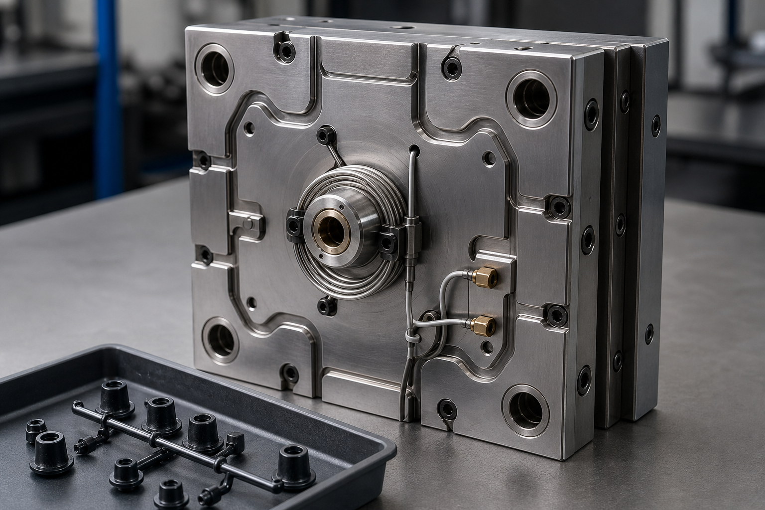 Hot half of a steel injection mould with a heated sprue bushing, thermocouple probe and connector leads, machined runner channels, and first-shot parts with their sprue in a tray