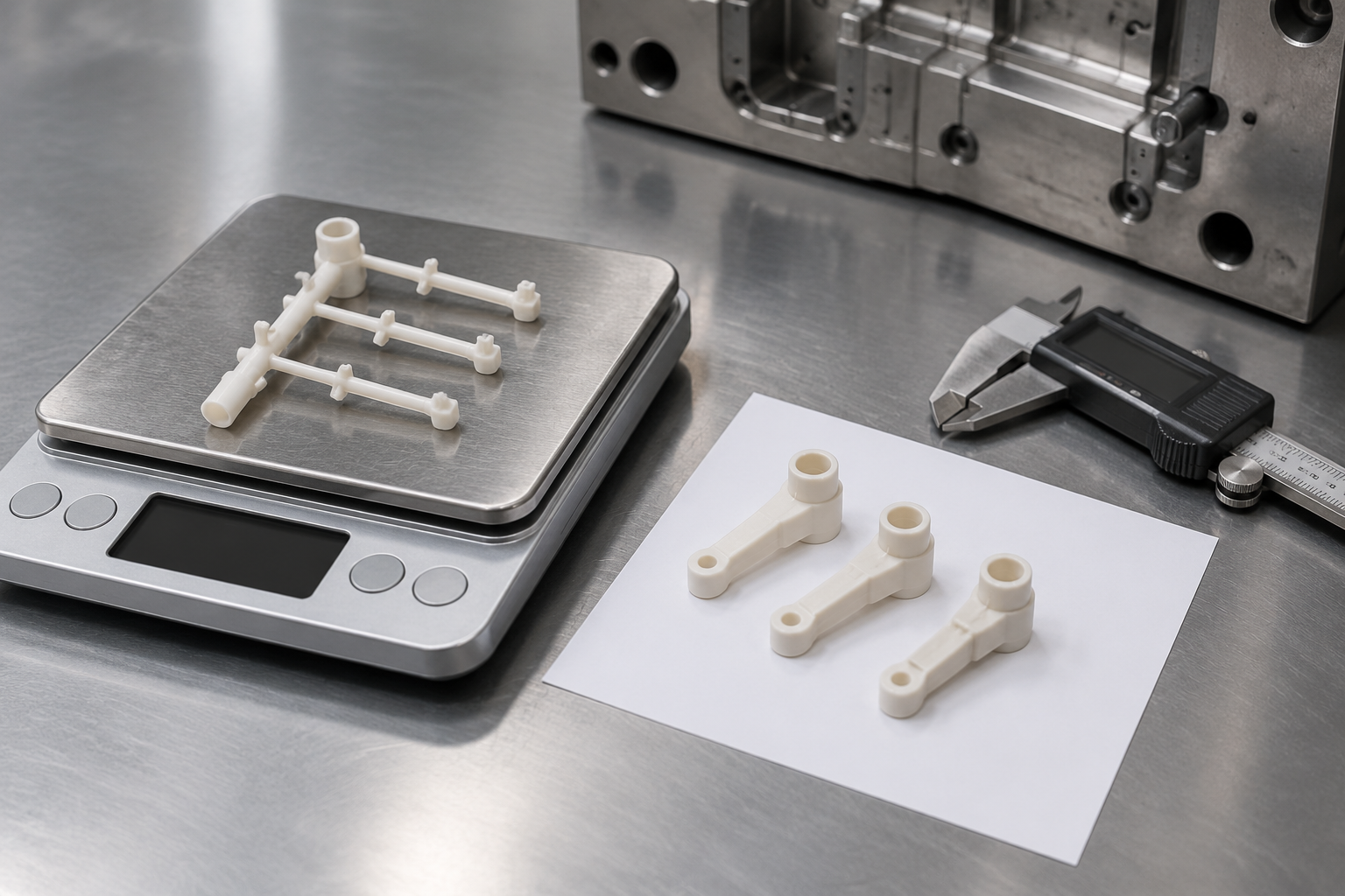 A moulded sprue and runner on a digital bench scale with the display blank, three moulded parts beside it on white paper, and digital calipers