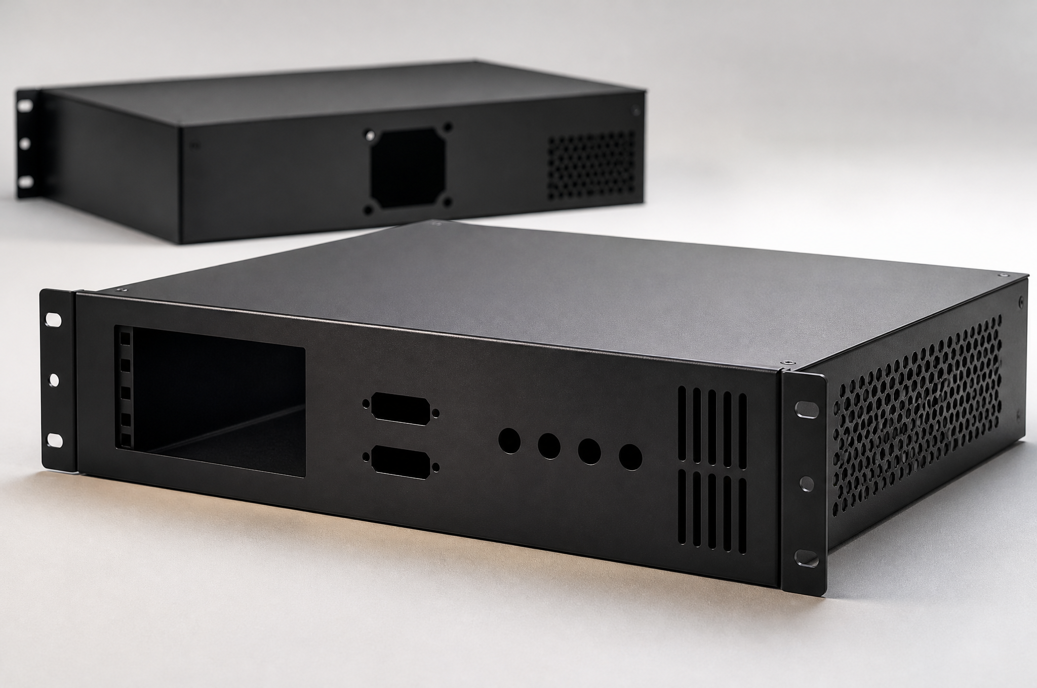 19-inch rack-mount sheet metal chassis with folded rack ears, front panel cutouts and square cage-nut holes