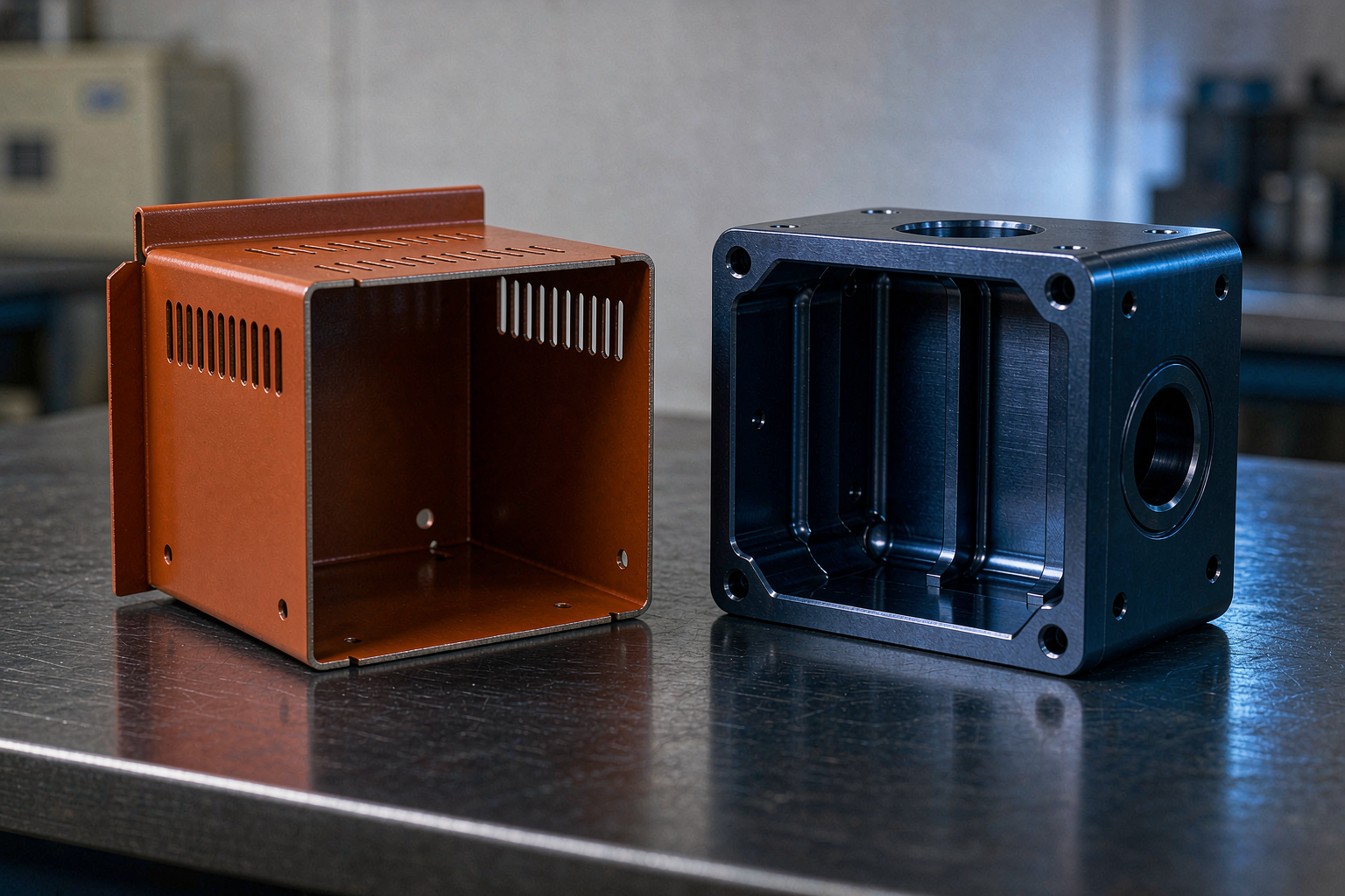 A powder-coated formed sheet metal enclosure with folded flanges and louvres beside a blue anodised CNC-machined aluminium housing with milled ribs and a bored port