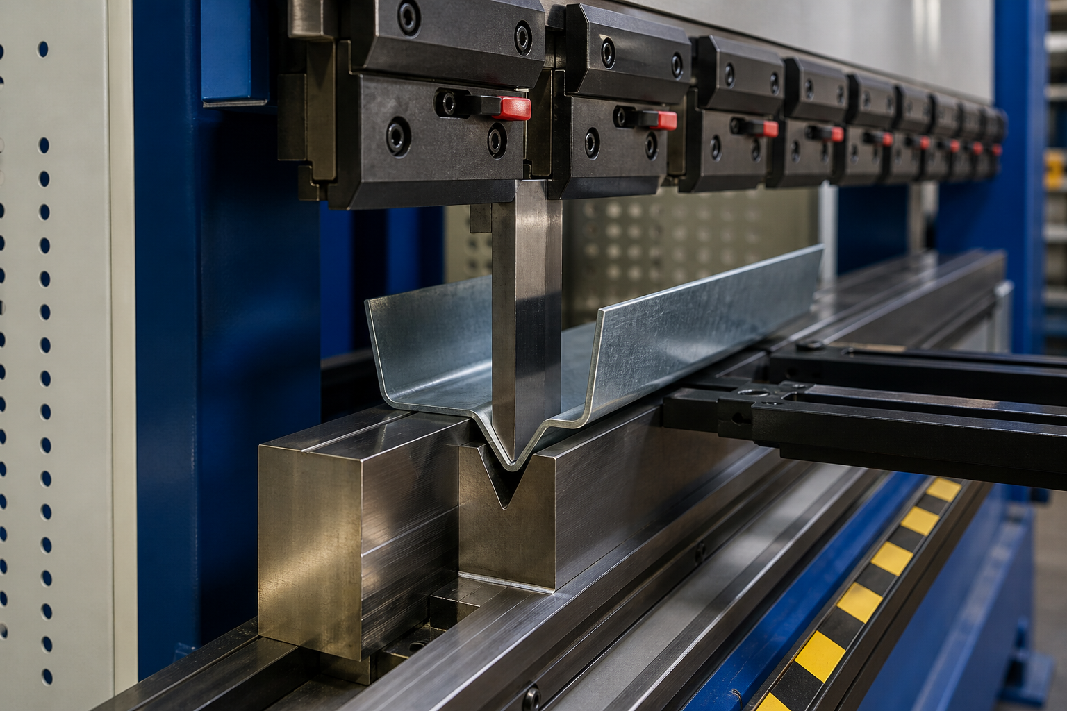 A CNC press brake forming a galvanised steel sheet into a channel section, with segmented punch clamps, a narrow punch blade, a V-die and back gauge fingers visible
