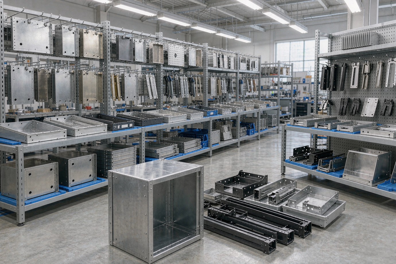 Illustrative — racks of freshly fabricated sheet metal enclosures and brackets in steel and aluminum on a bright workshop