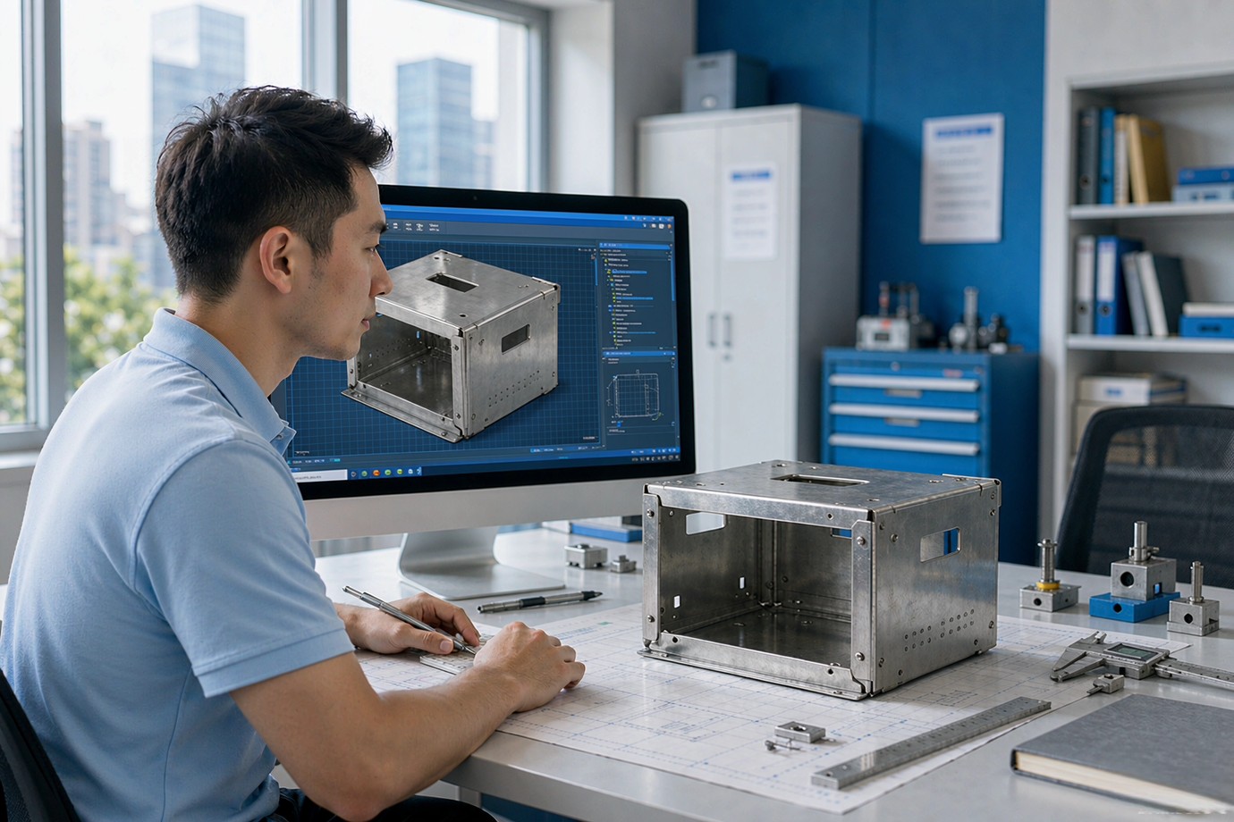 Illustrative — sheet metal manufacturing engineer reviewing a bent stainless steel enclosure CAD drawing on a monitor with a fabricated part on the desk
