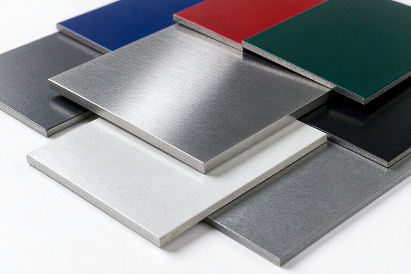 Illustrative — arranged sheet metal material samples in stainless steel, aluminium and coated panels on a bright studio surface