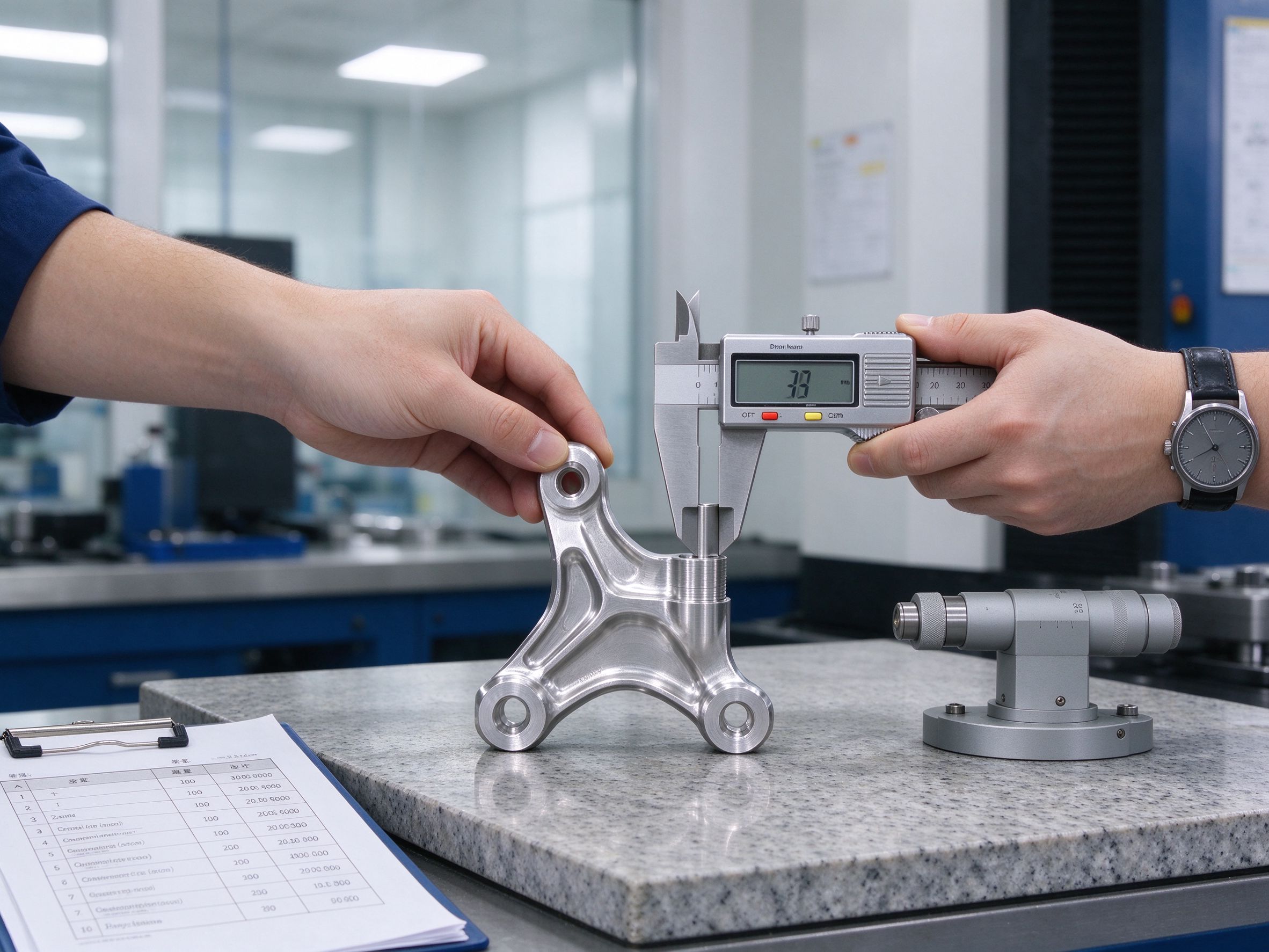 Inspector measuring a stainless steel bracket with a digital caliper