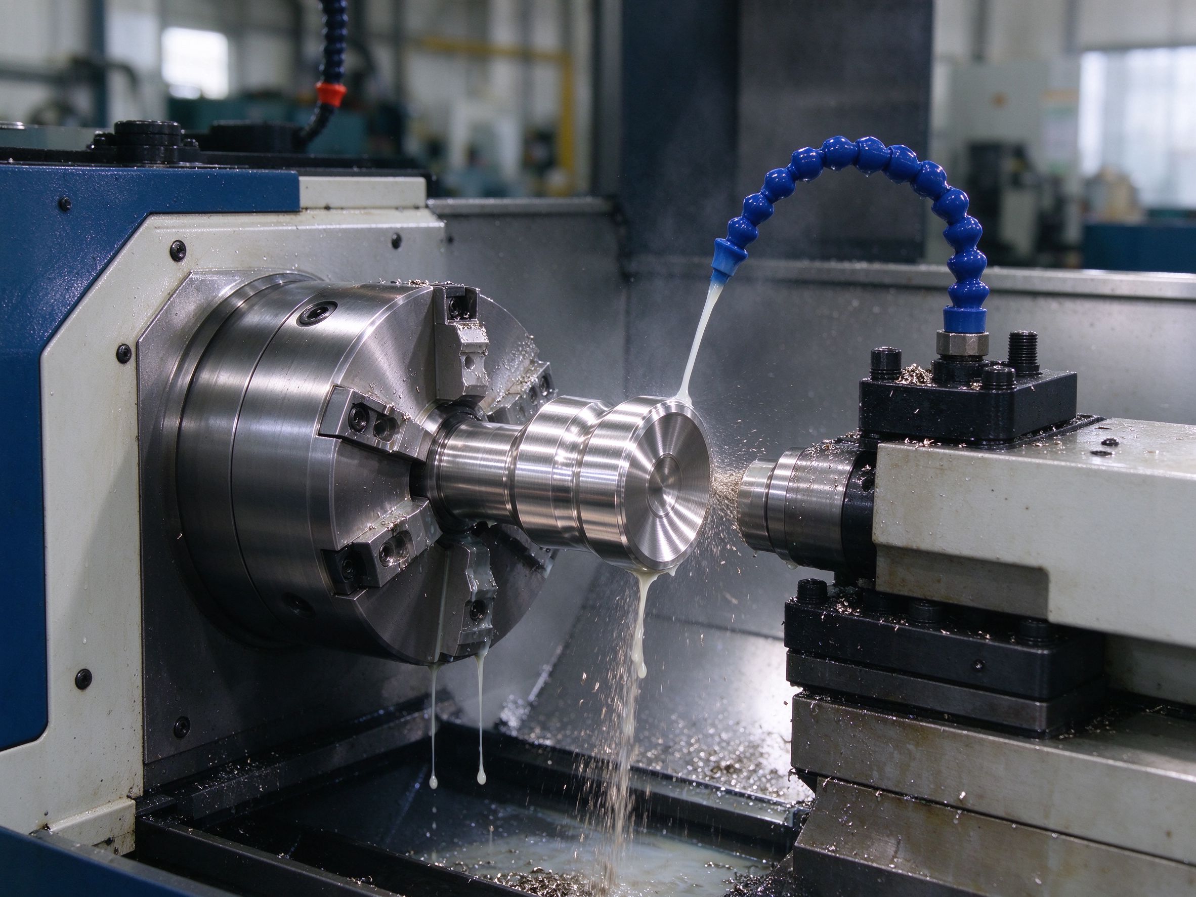 CNC turning center machining a stainless steel component with coolant