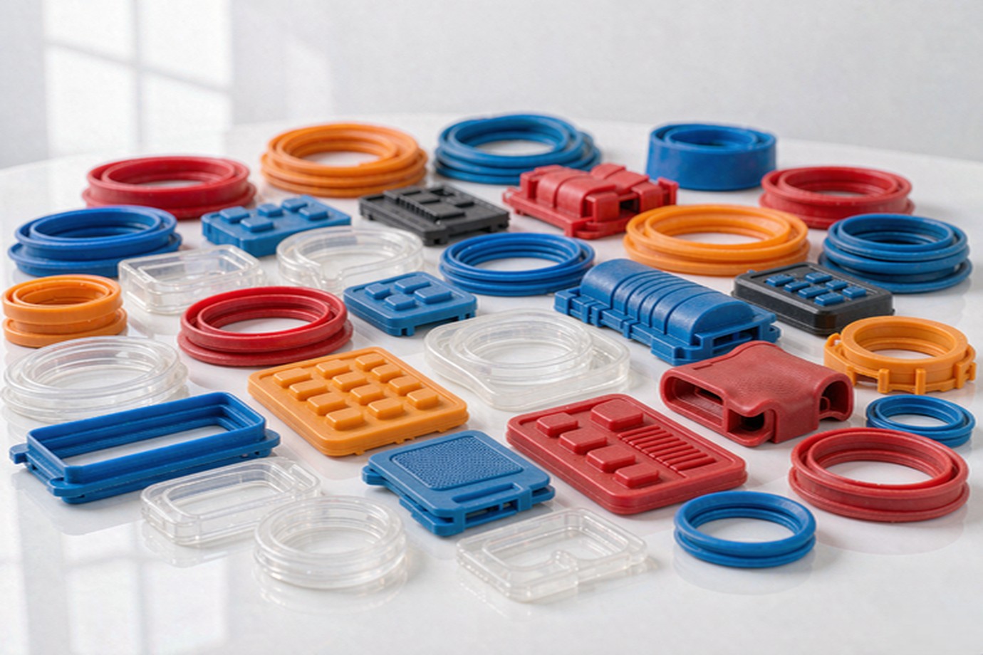 Illustrative — arranged custom-molded silicone parts in vivid red, blue, orange and clear translucent colours on a bright studio surface