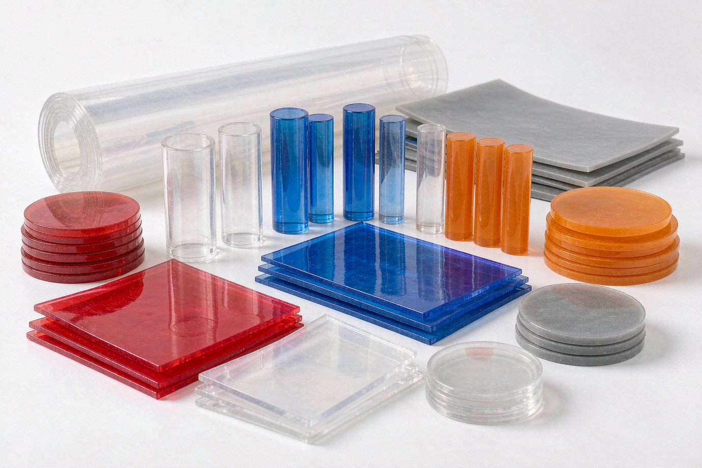 Illustrative — arranged silicone material samples in translucent and coloured tints for different Shore hardness grades
