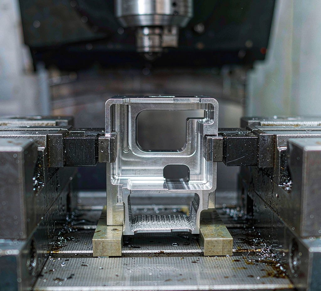 Thin-wall stainless steel part clamped in a precision vise with support blocks during CNC milling