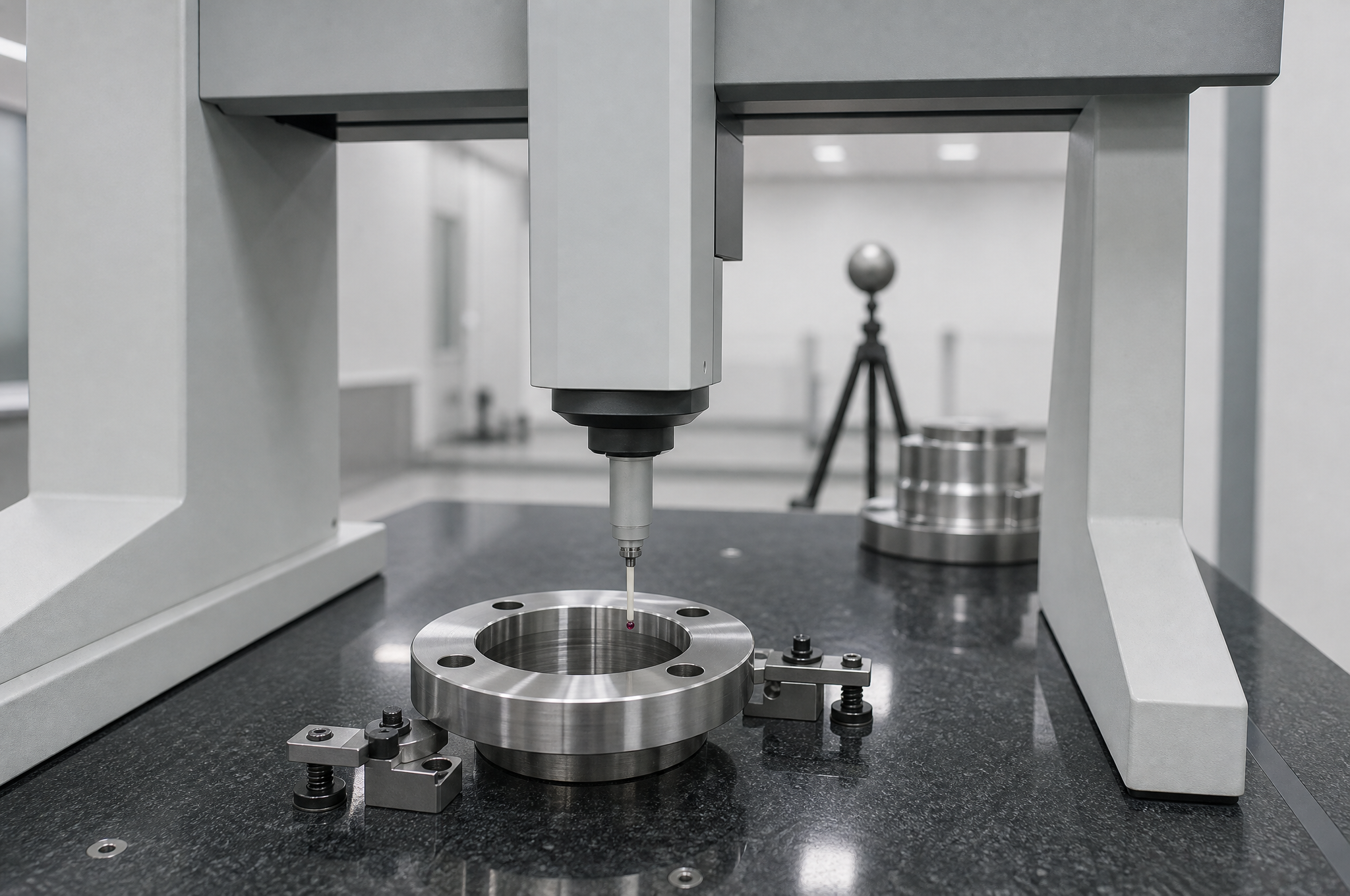 Coordinate measuring machine verifying a machined stainless steel flange against a drawing