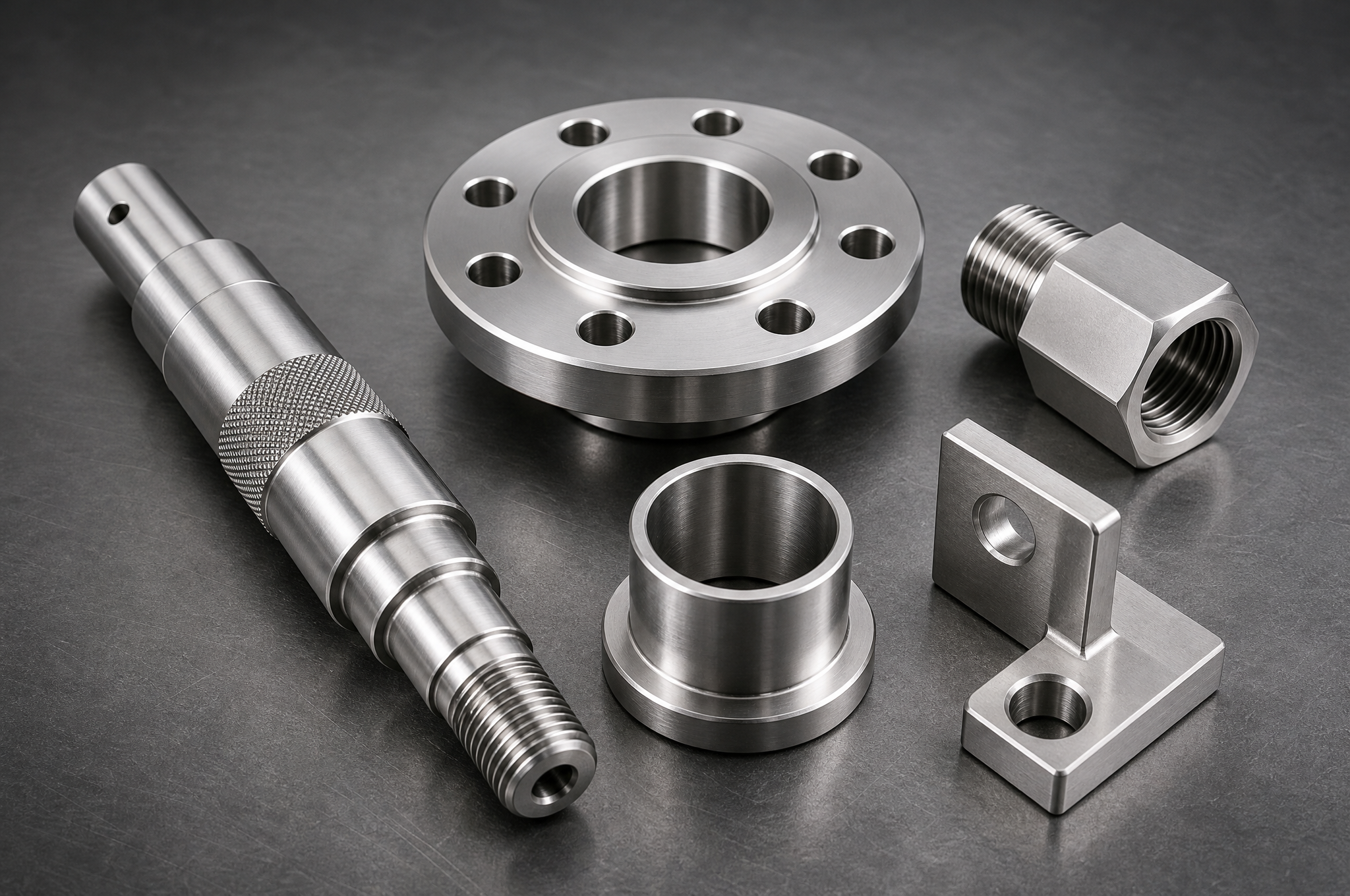 CNC machined 304 and 316 stainless steel parts: turned shaft, raised-face flange, hex fitting, bushing and bracket