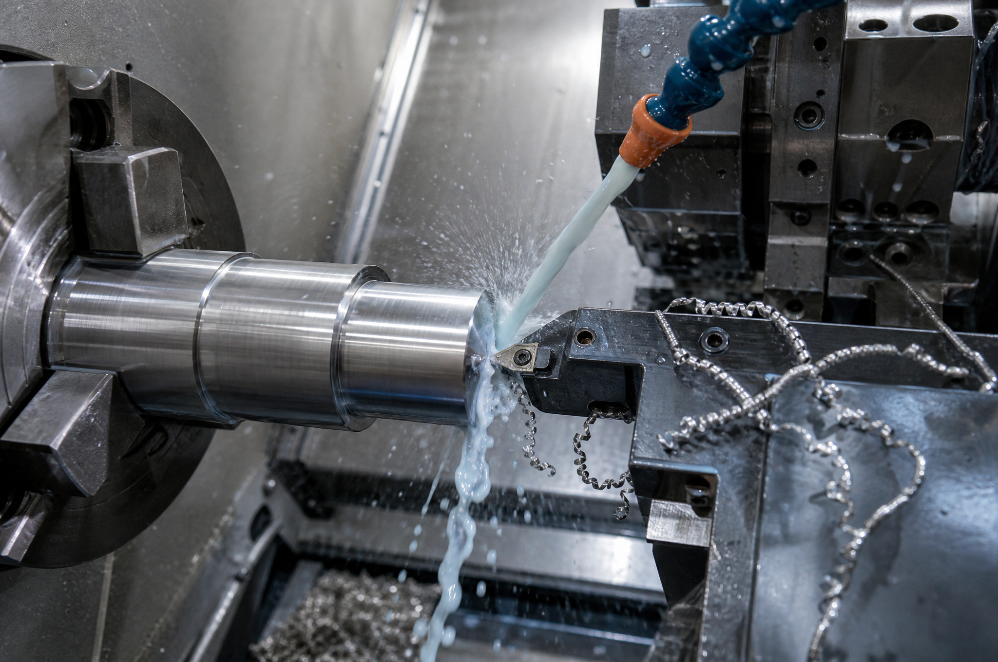 CNC turning of a stainless steel shaft with flood coolant and continuous spiral chips
