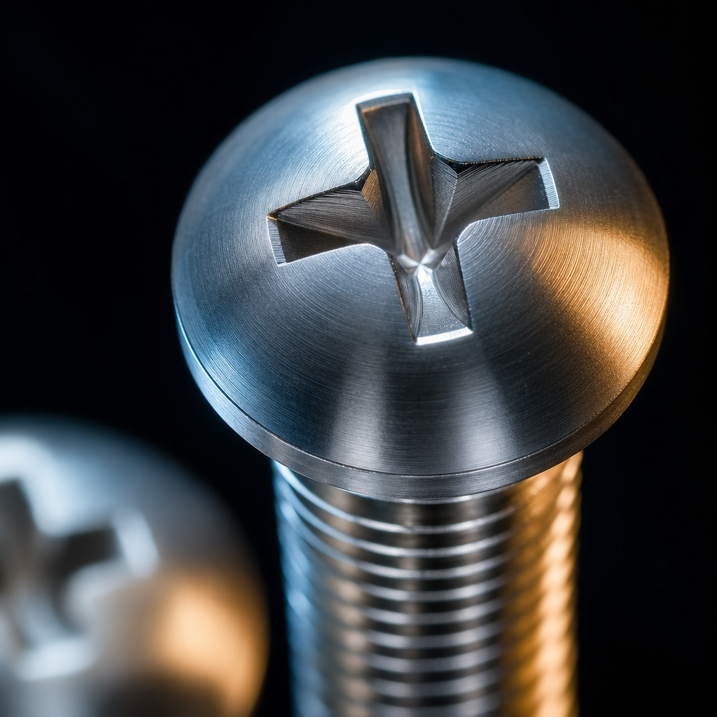 Macro detail of a domed stainless steel round head with a cross recess and a machined bearing shoulder