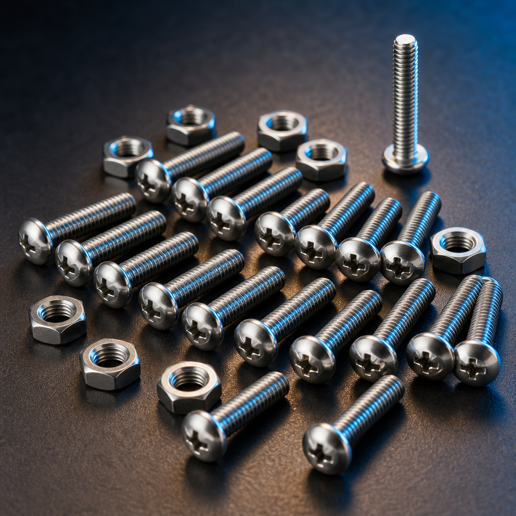 A quantity of identical stainless steel round head screws with cross recesses and hex nuts laid out on a dark surface