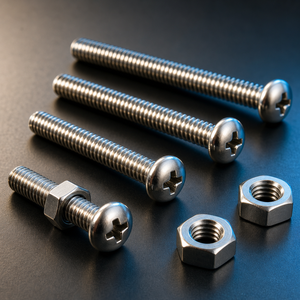 Stainless steel round head machine screws in graduated lengths with matching chamfered hex nuts, one nut threaded onto a screw