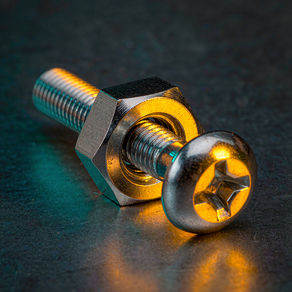 A chamfered hex nut threaded part way onto a stainless steel round head screw, showing engaged thread inside the nut bore