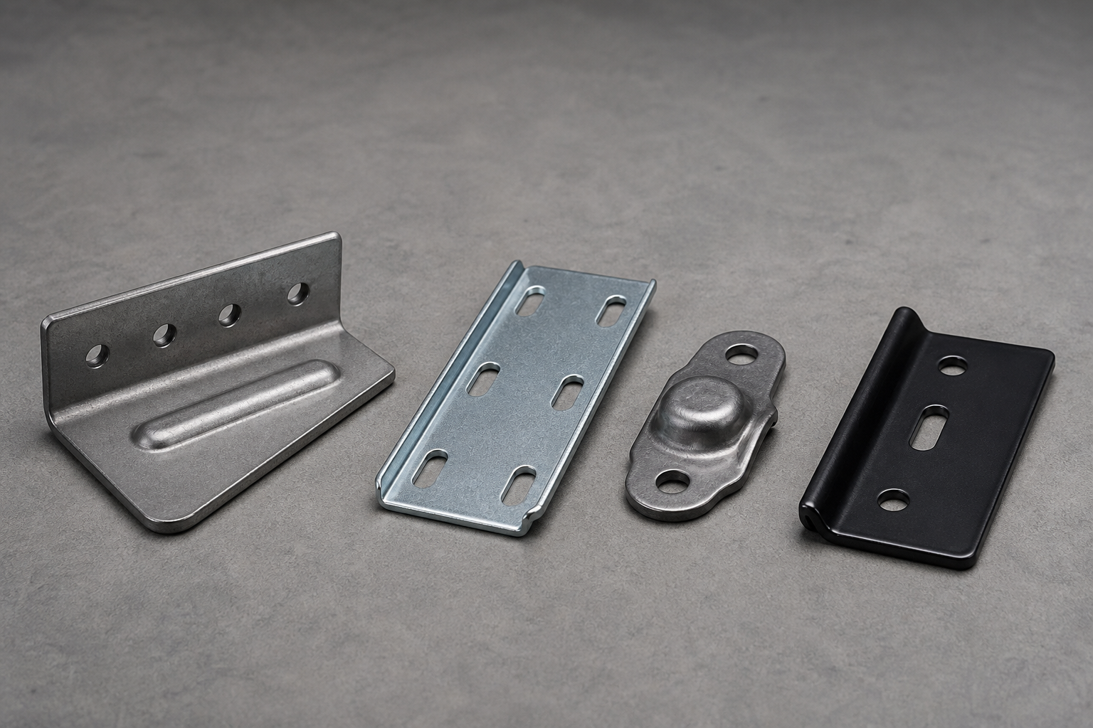 Stamped automotive bumper mounting components on a bench: a formed bracket with bends, pierced holes and a pressed rib, a zinc-plated support plate, a drawn reinforcement bracket and an e-coated connection plate