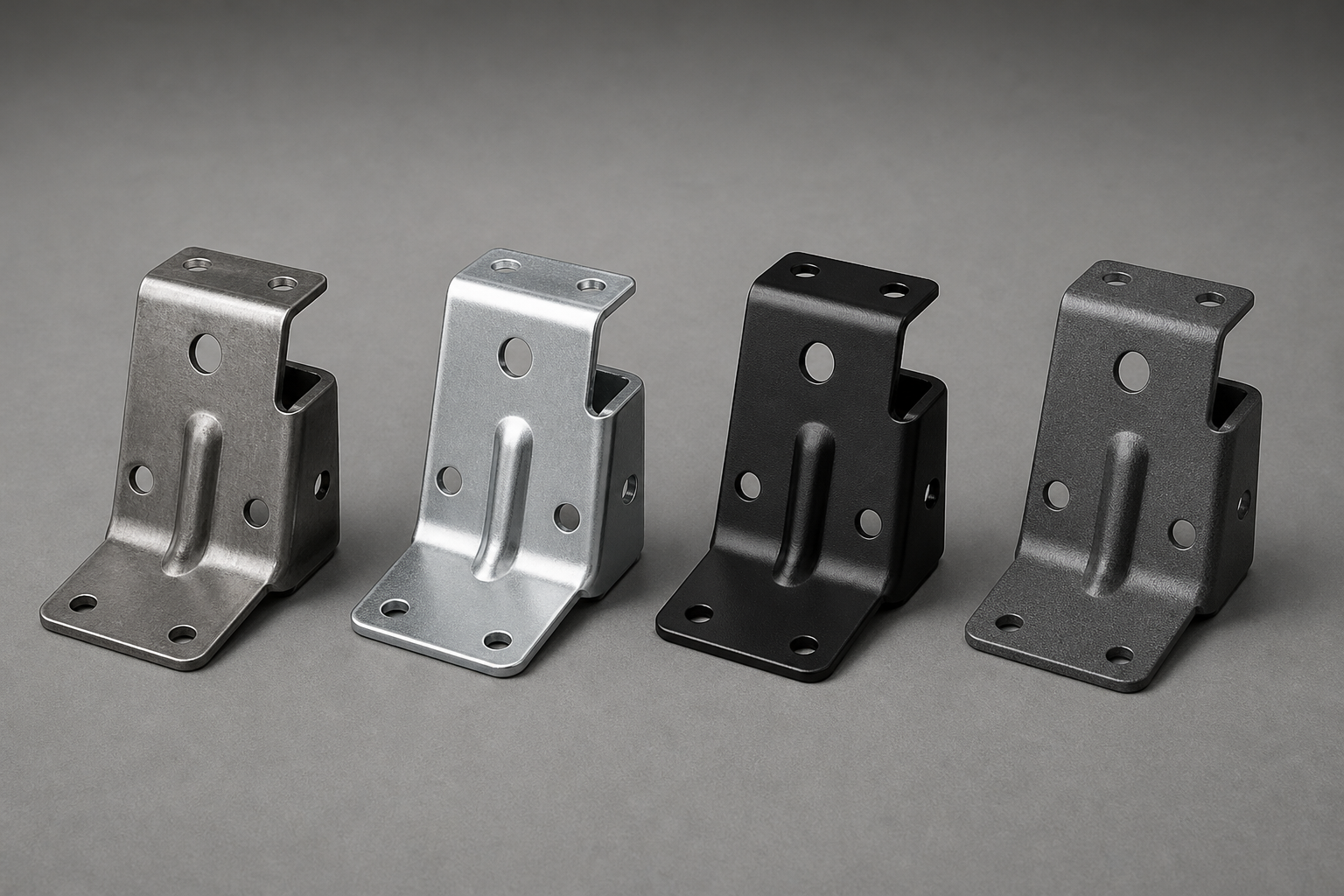 Four identical formed steel brackets showing different surface conditions in a row: bare pickled steel, bright zinc plating, matte black electrocoat and dark grey powder coat