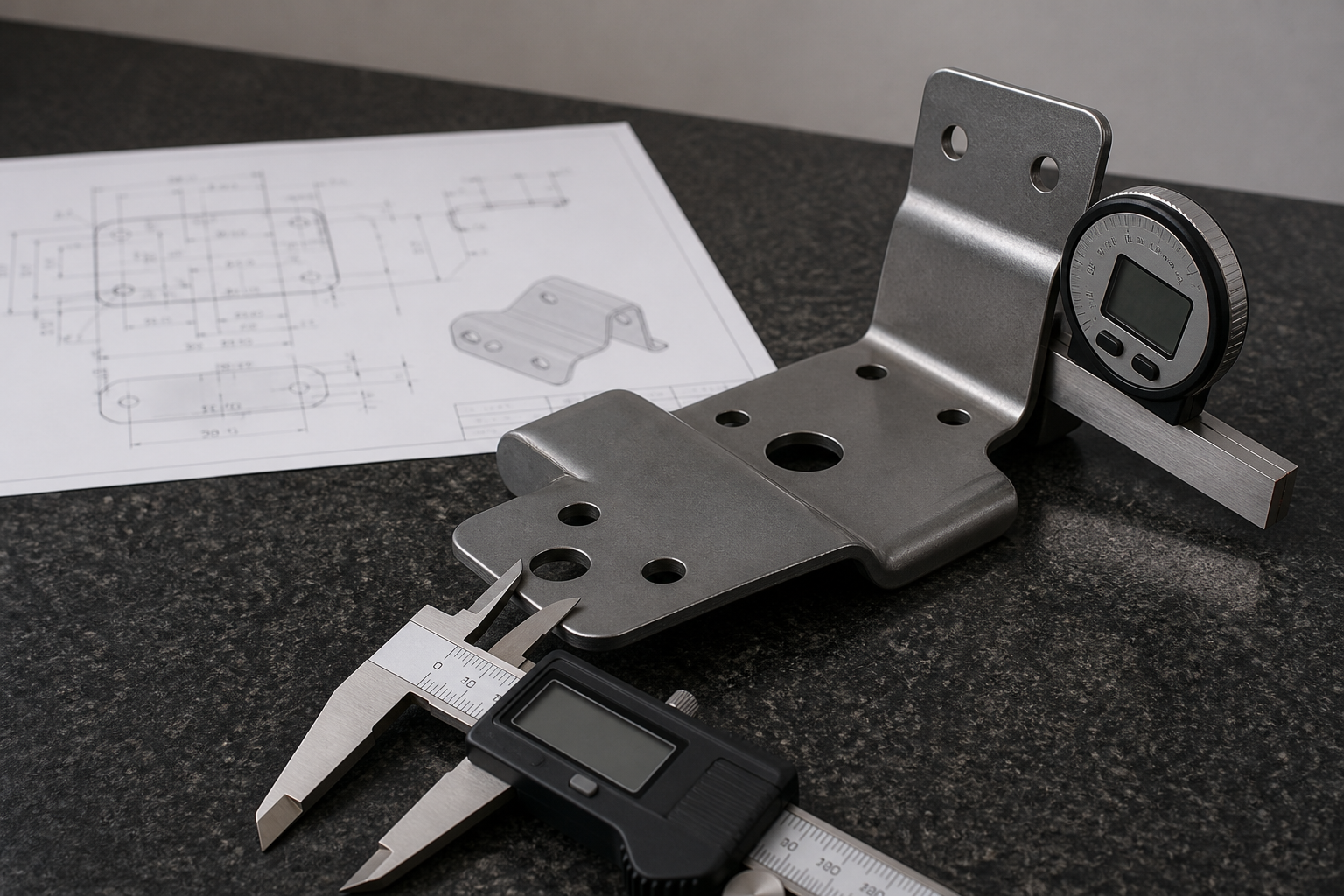 Formed stamped steel bracket on a granite surface plate beside an unfolded flat-pattern drawing with bend lines, checked with a bend-angle gauge and a caliper measuring a hole to edge distance
