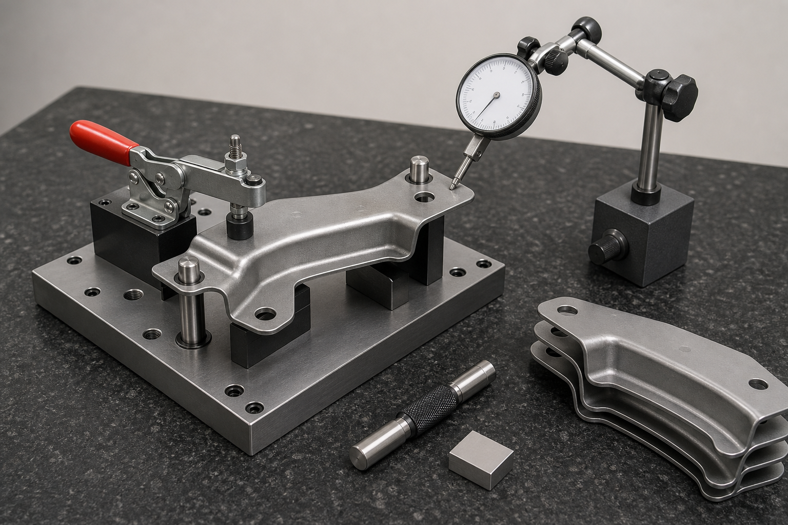 Stamped steel bumper bracket located in a dedicated check fixture with locating pins in the mounting holes, a toggle clamp, a dial indicator on the formed flange, a pin gauge and a stack of identical stamped brackets on a granite plate