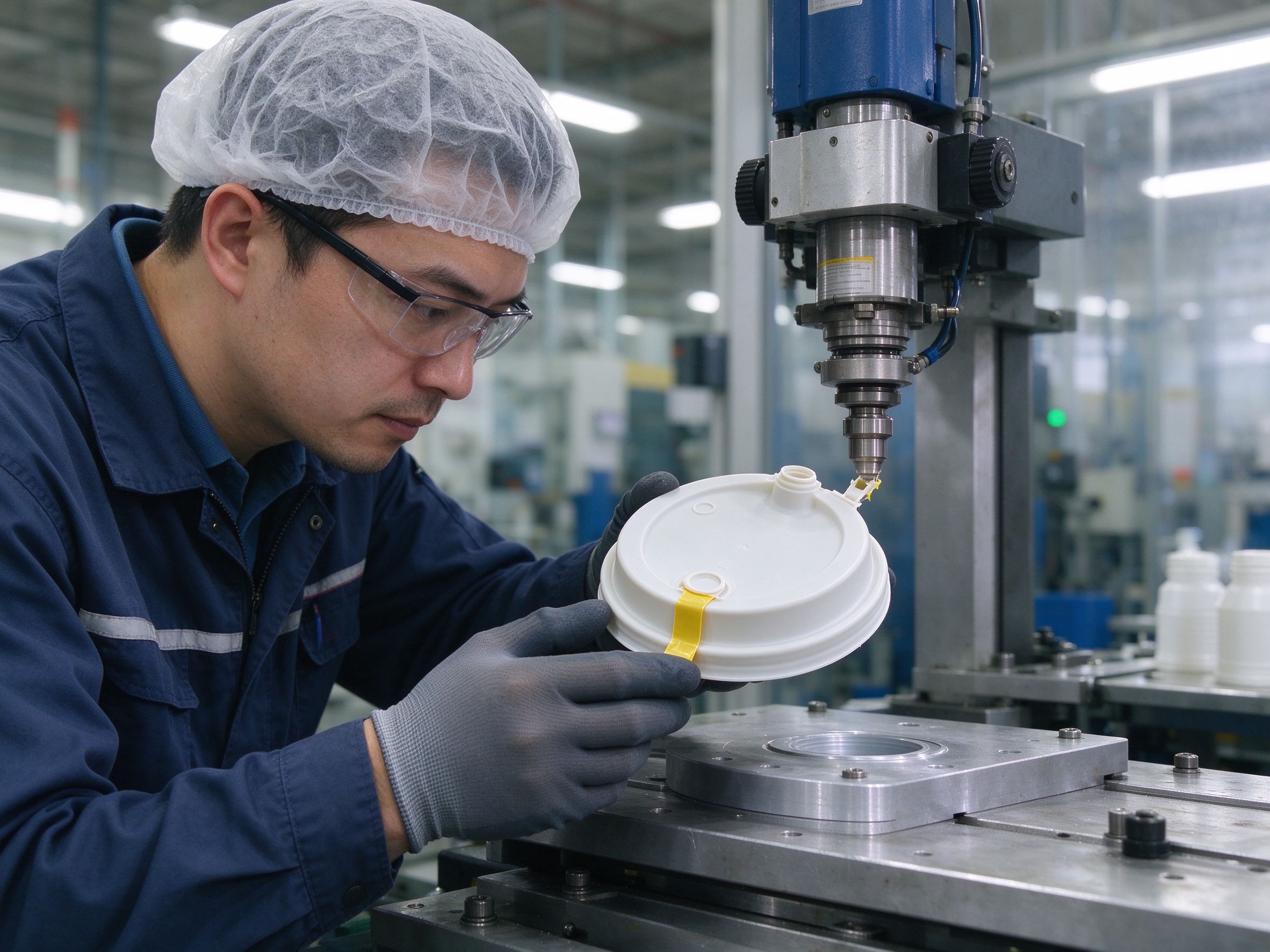 Engineer inspecting a molded closure for tamper band bridge features
