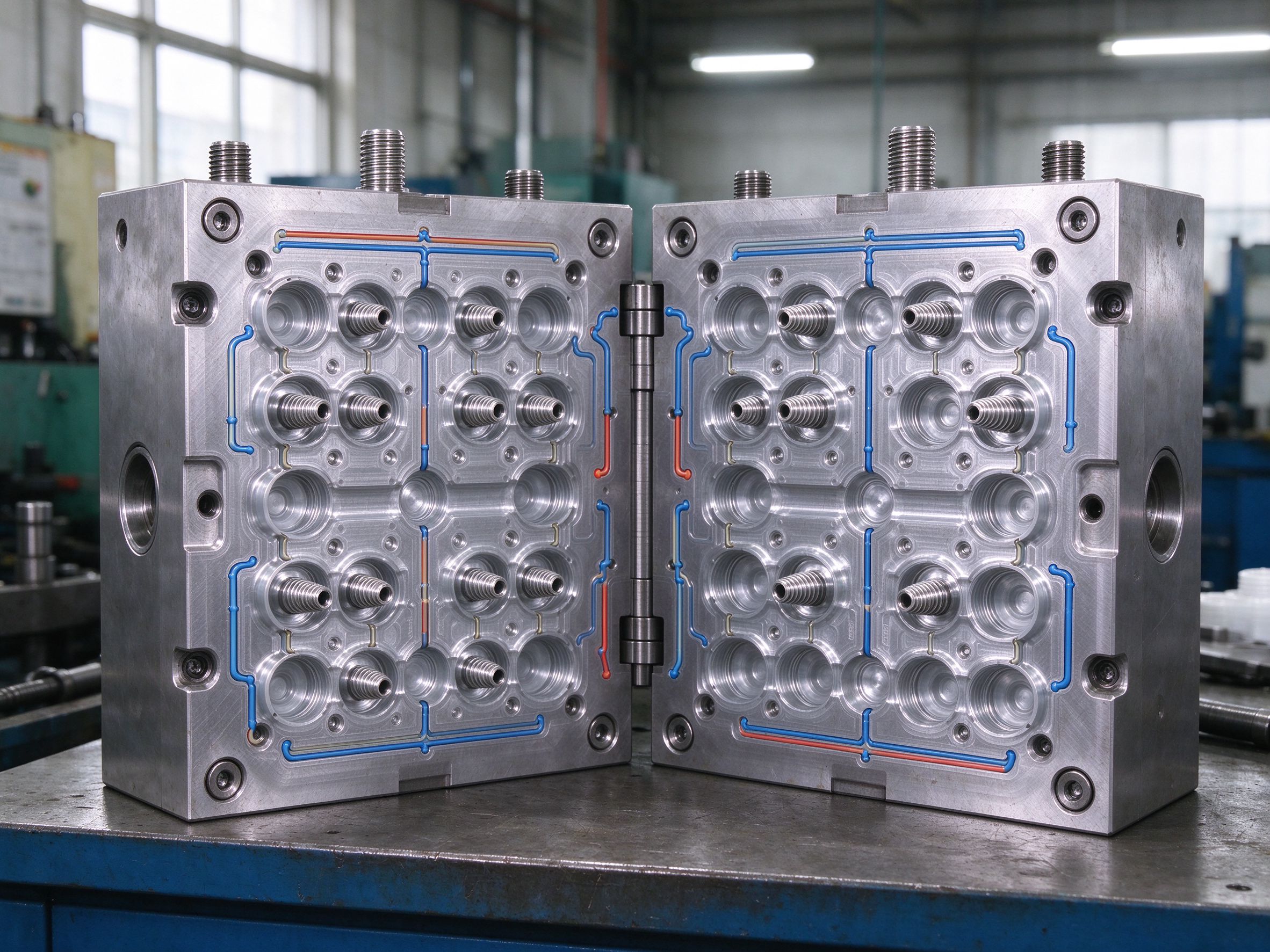 Multi-cavity injection mold for plastic caps with threaded cores