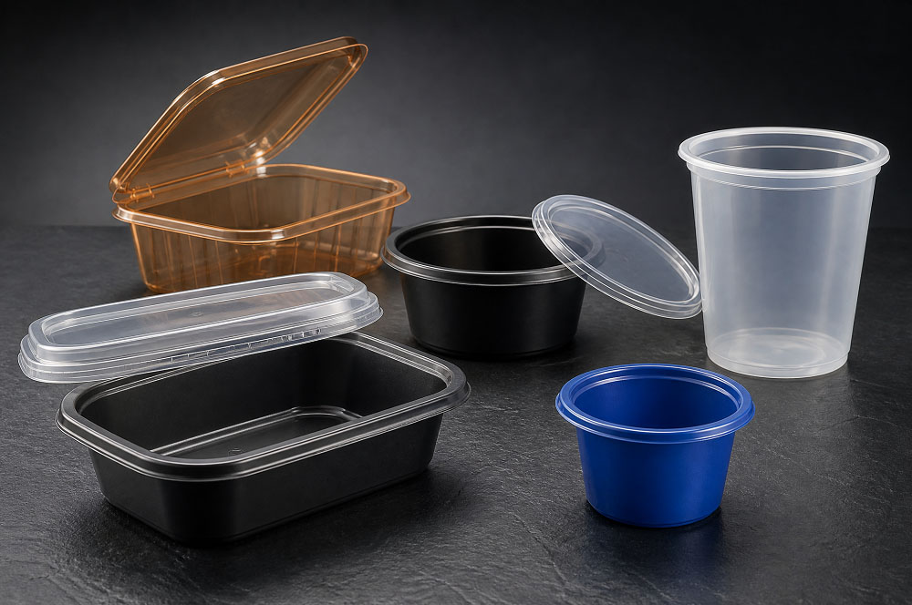 Five thin-wall injection-moulded packaging parts on a dark surface: a black rectangular meal container with a clear snap lid, a round tub with an outward rim flange, a translucent cup, a hinged-lid clamshell and a small portion pot, all showing their moulded rim, tapered wall and base