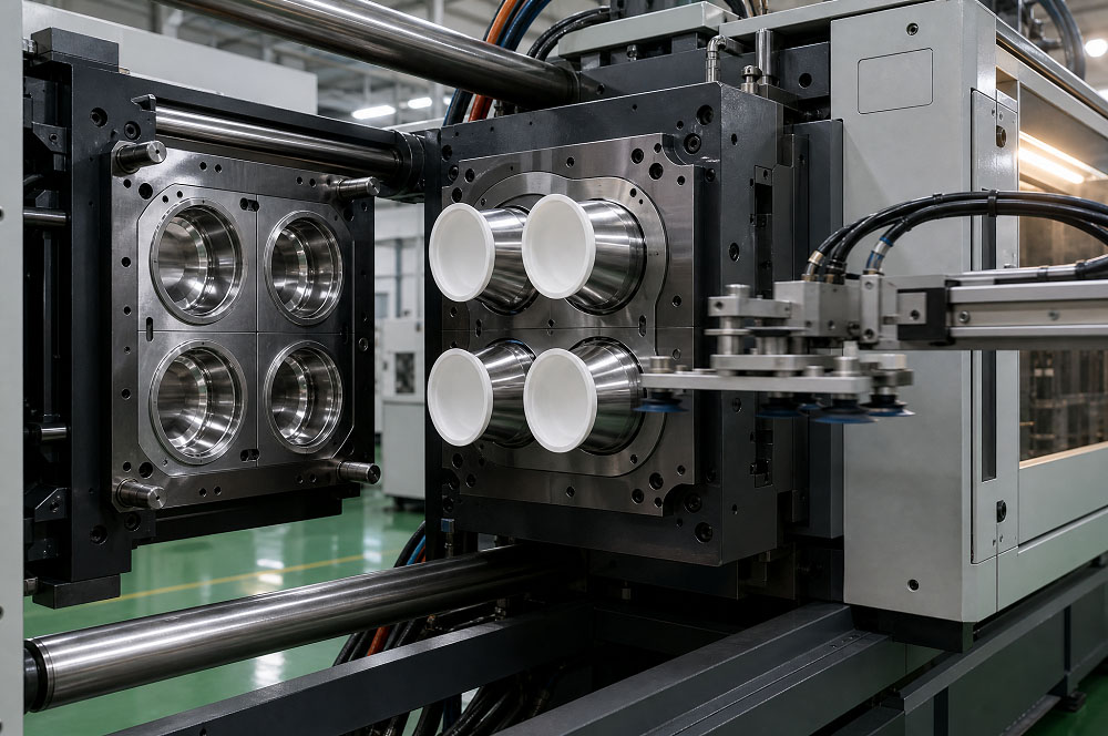 Inside an injection moulding machine with the mould open: a multi-cavity thin-wall packaging tool showing tapered cores with moulded tubs, a stripper plate and a take-out robot arm, with a blank machine panel and clean workshop lighting