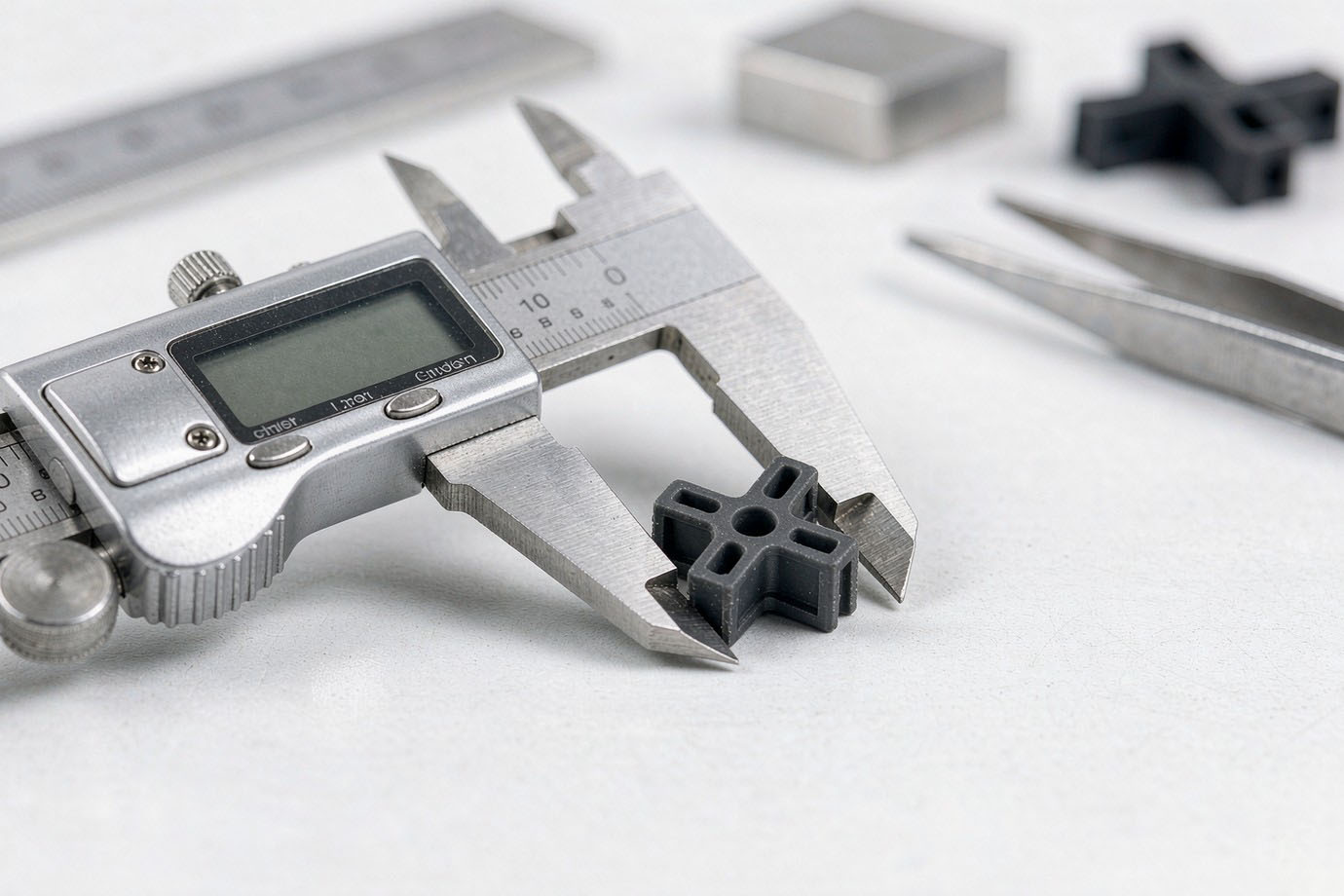 Illustrative — digital caliper measuring a plastic tile spacer during quality inspection