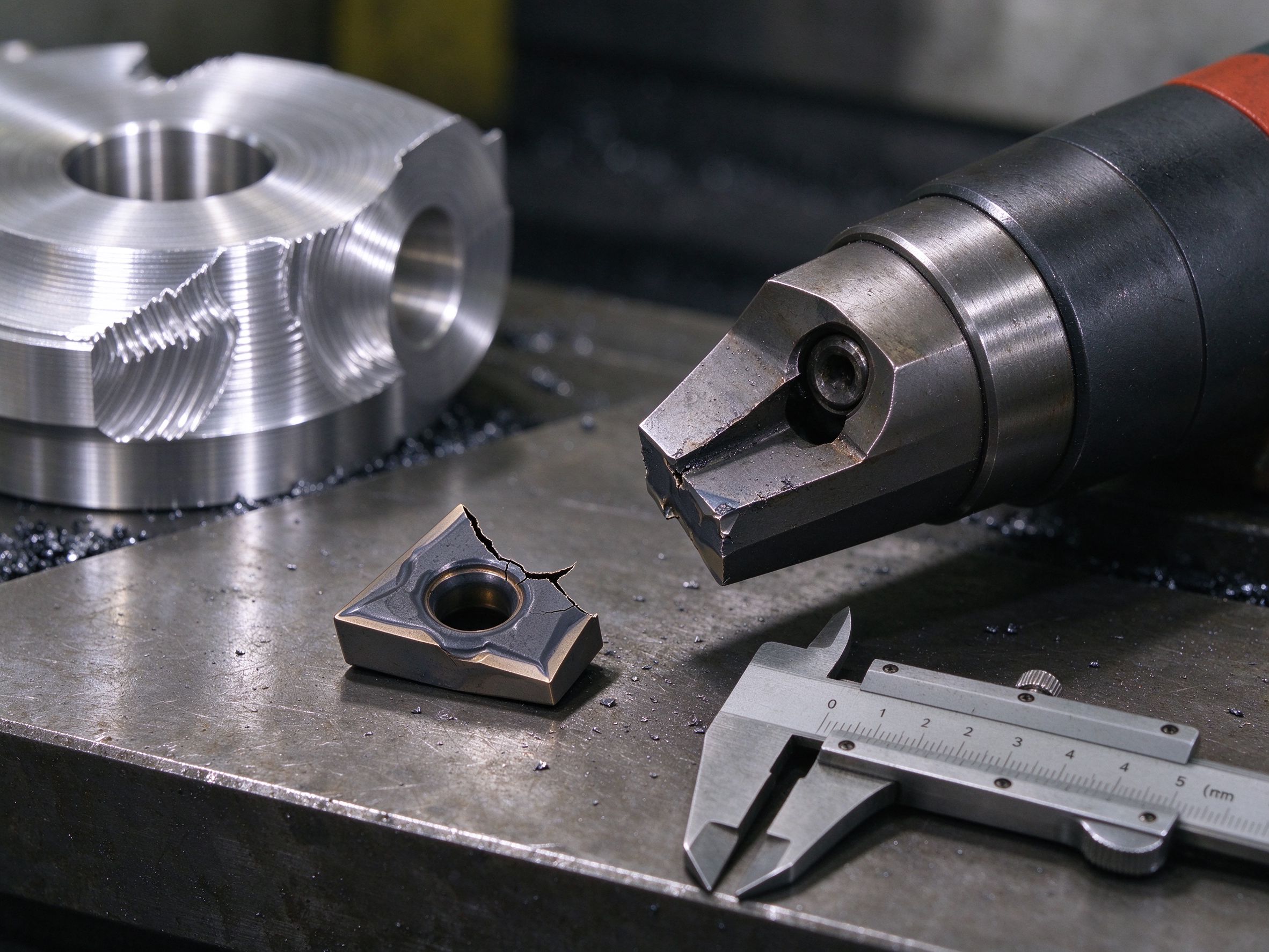 Broken cutting insert and holder on a workshop bench