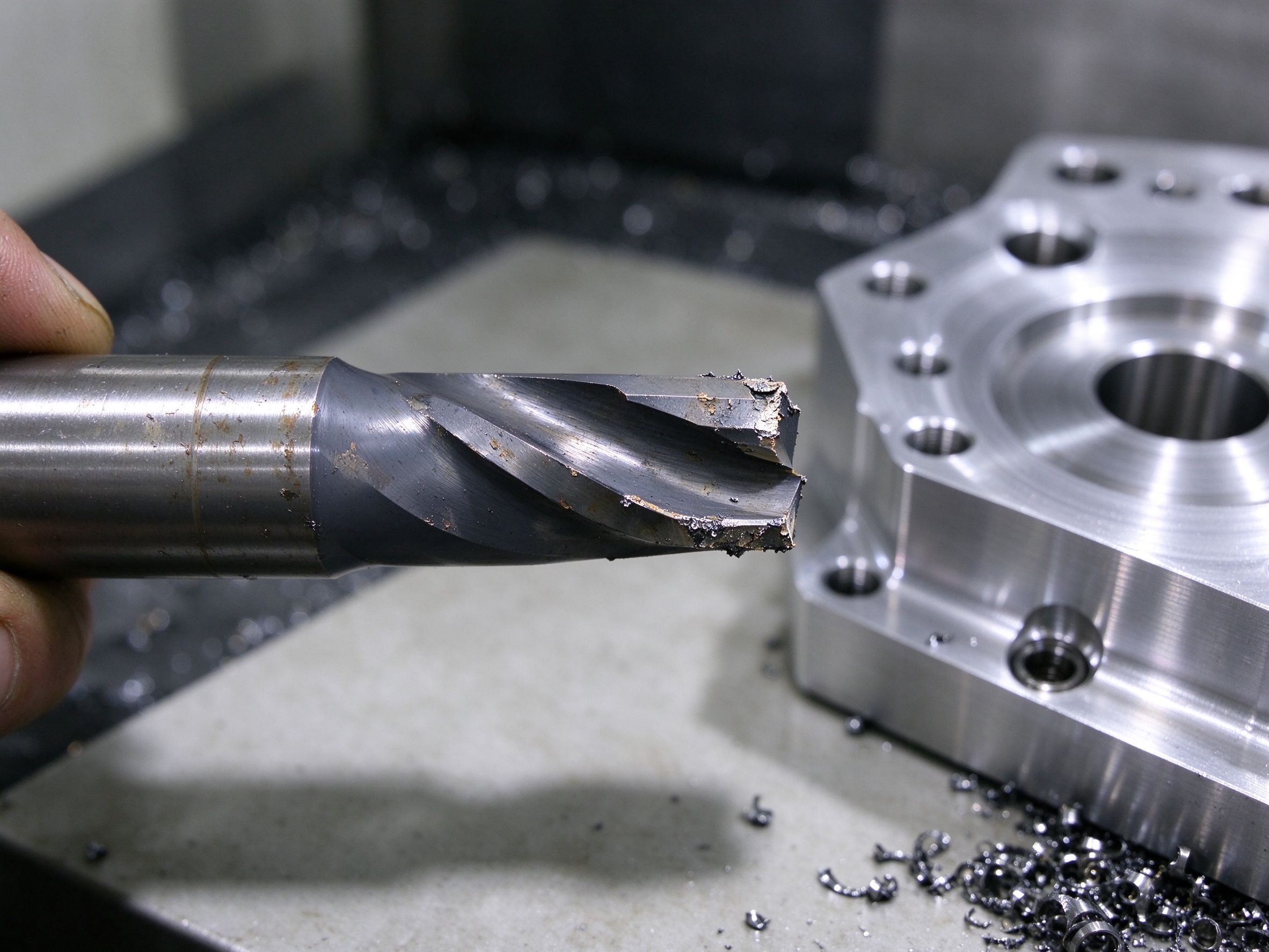 Worn and chipped CNC carbide end mill