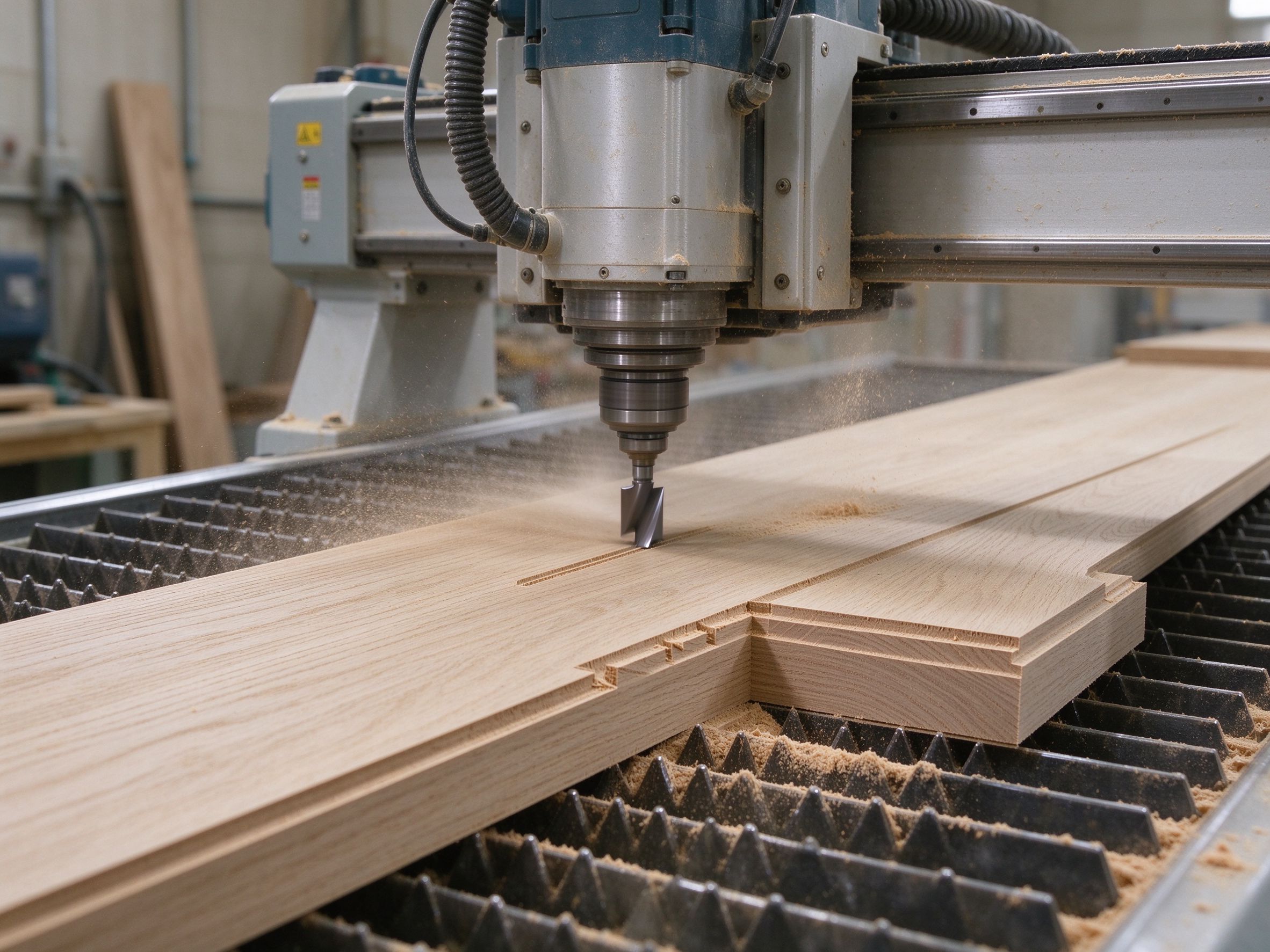 CNC router machining the edge profile of an oak tread
