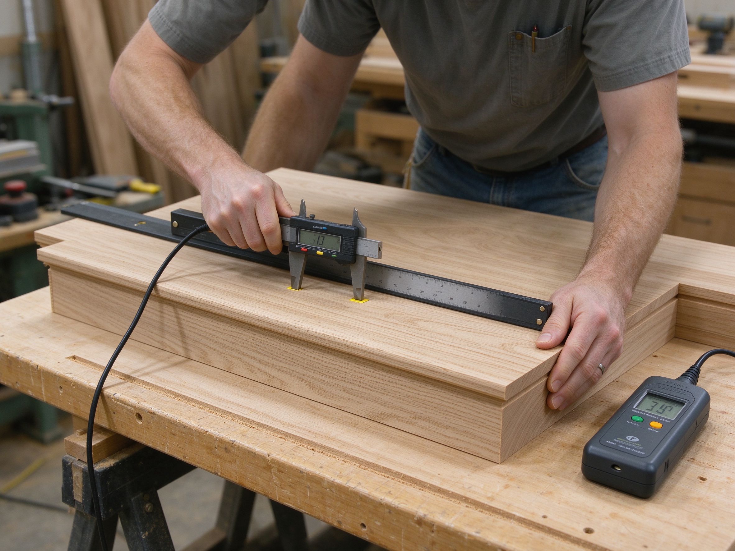Checking dimensions and flatness of a white oak tread