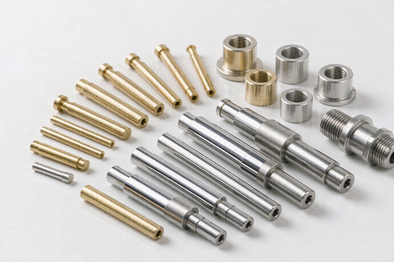 Assorted CNC-turned metal parts: shafts, pins, bushings and a threaded connector