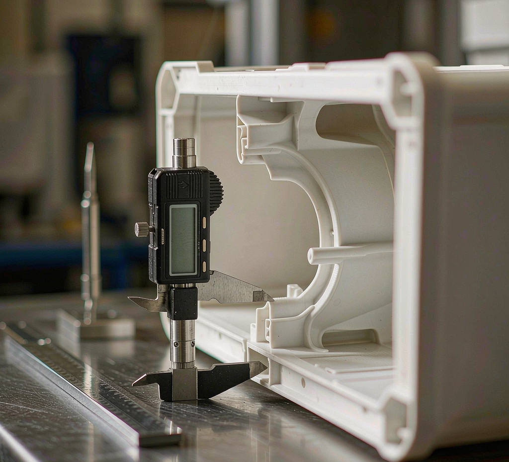 Molded white appliance component being measured with a digital caliper beside a steel ruler on an inspection bench