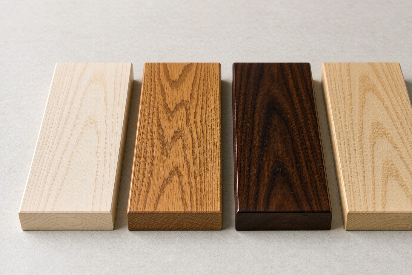 Illustrative rendering of four wood species samples — pine, oak, walnut and basswood — with natural and finished surfaces