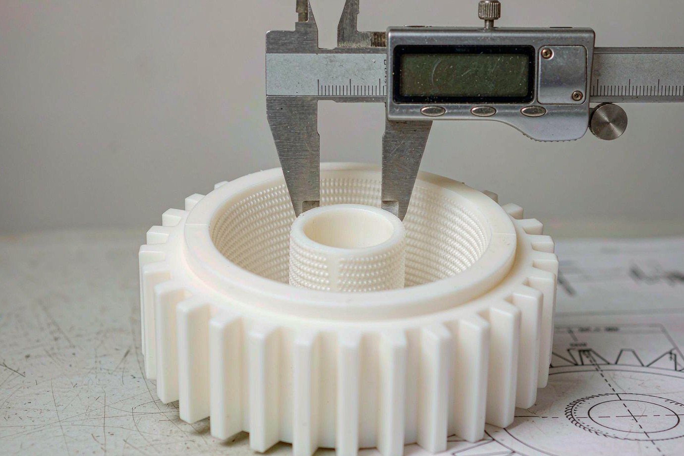 A molded plastic gear measured with a caliper on a workbench during inspection (Illustrative)