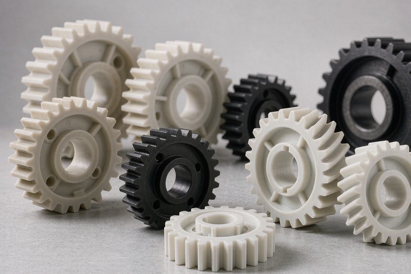 Injection-molded plastic gears in several sizes and tooth forms, shown as a sample set (Illustrative)