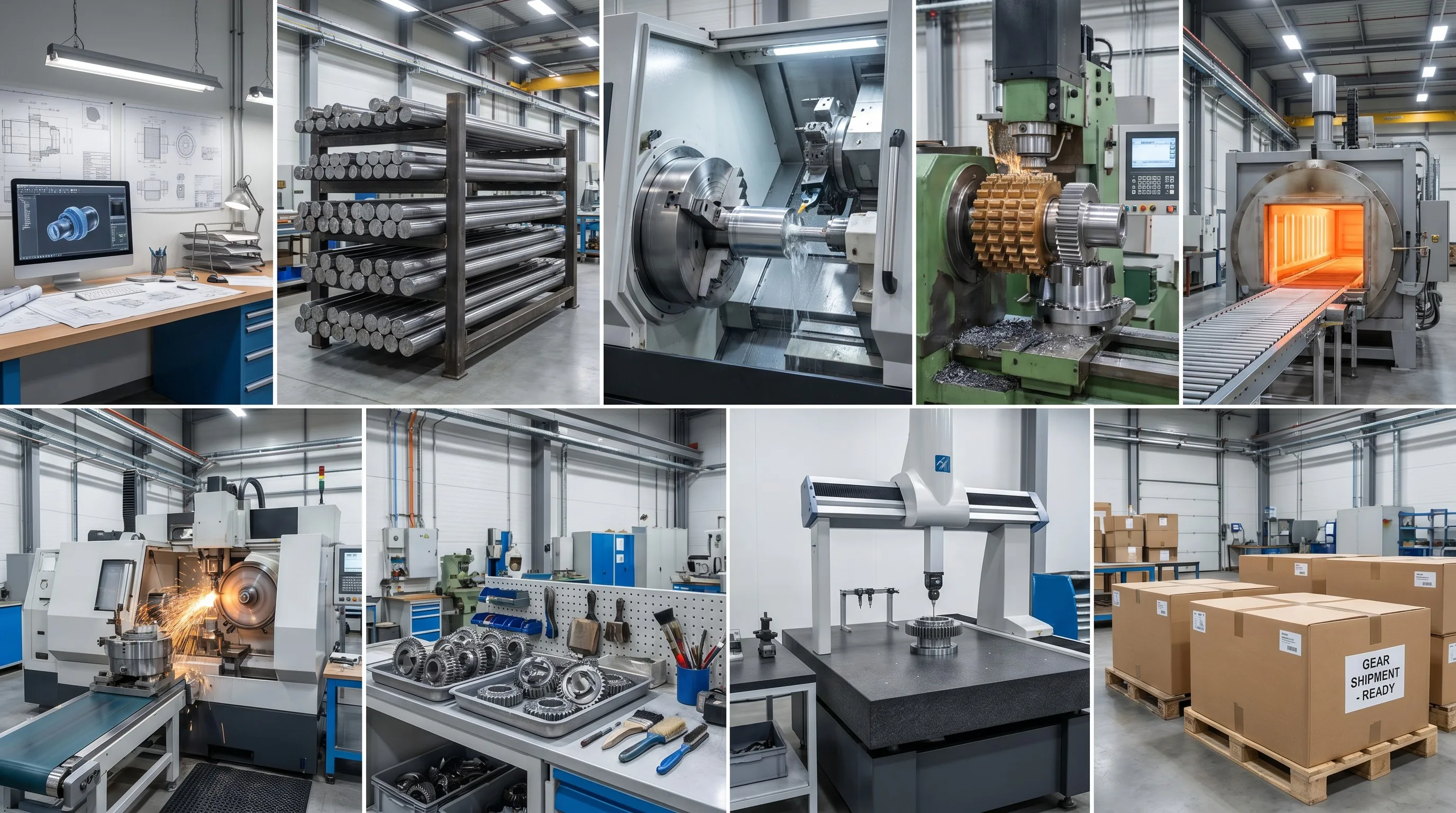 Oil pump gear manufacturing workflow production line showing engineering review through CNC turning, gear hobbing, heat treatment, grinding, deburring, inspection, and packaging stations