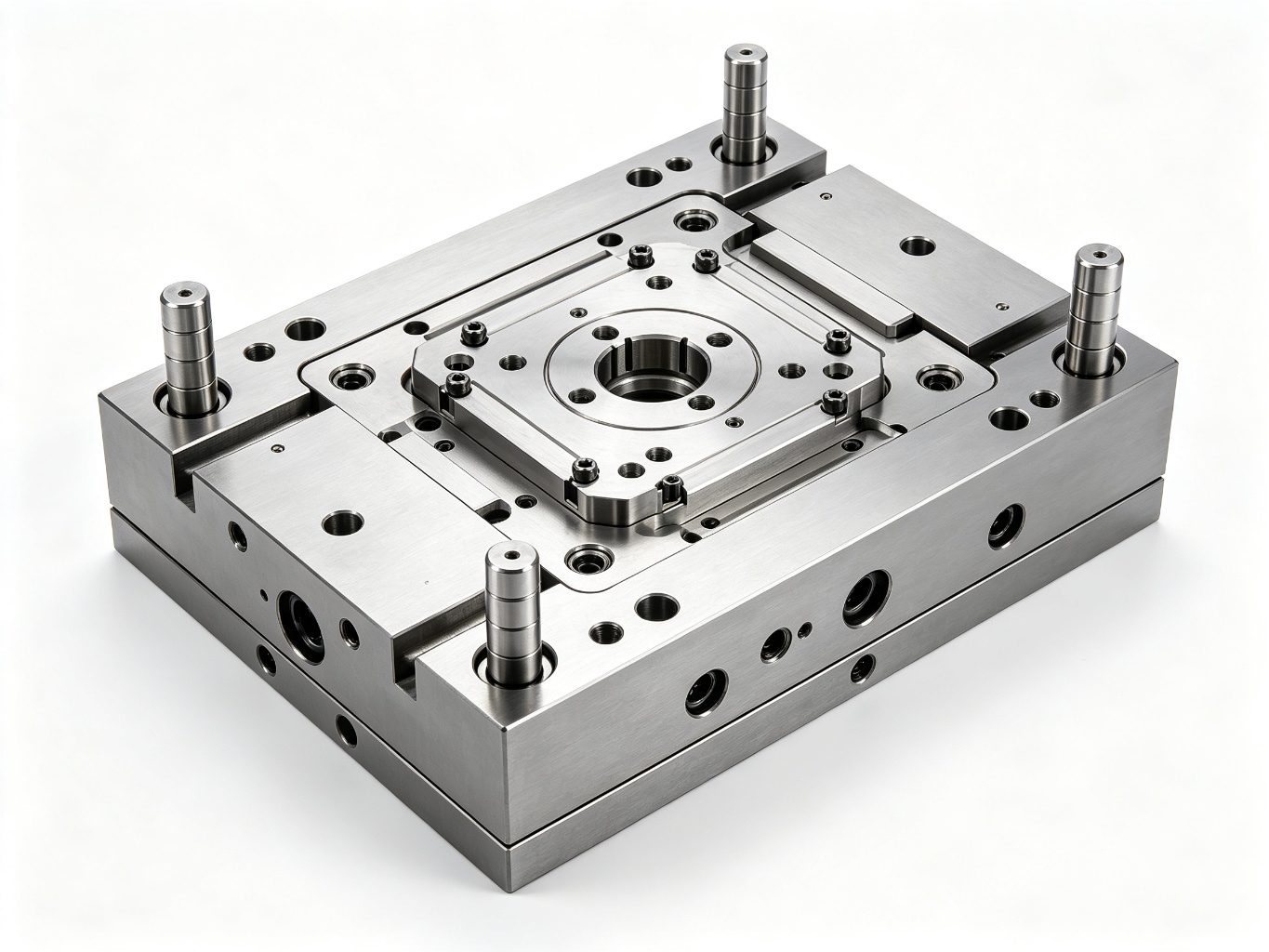 Precision injection mold base with guide pillars and machined mounting surfaces
