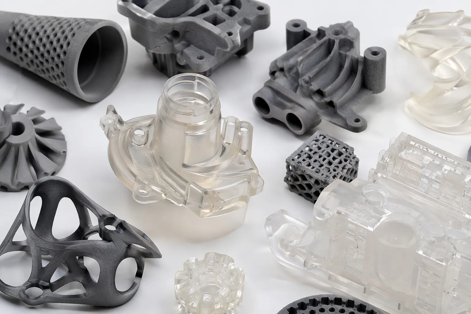 Diverse 3D printed prototype parts in nylon, resin, and engineering materials