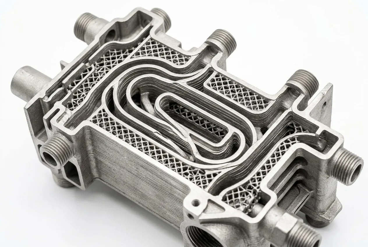 3D printed metal part showing internal cooling channels