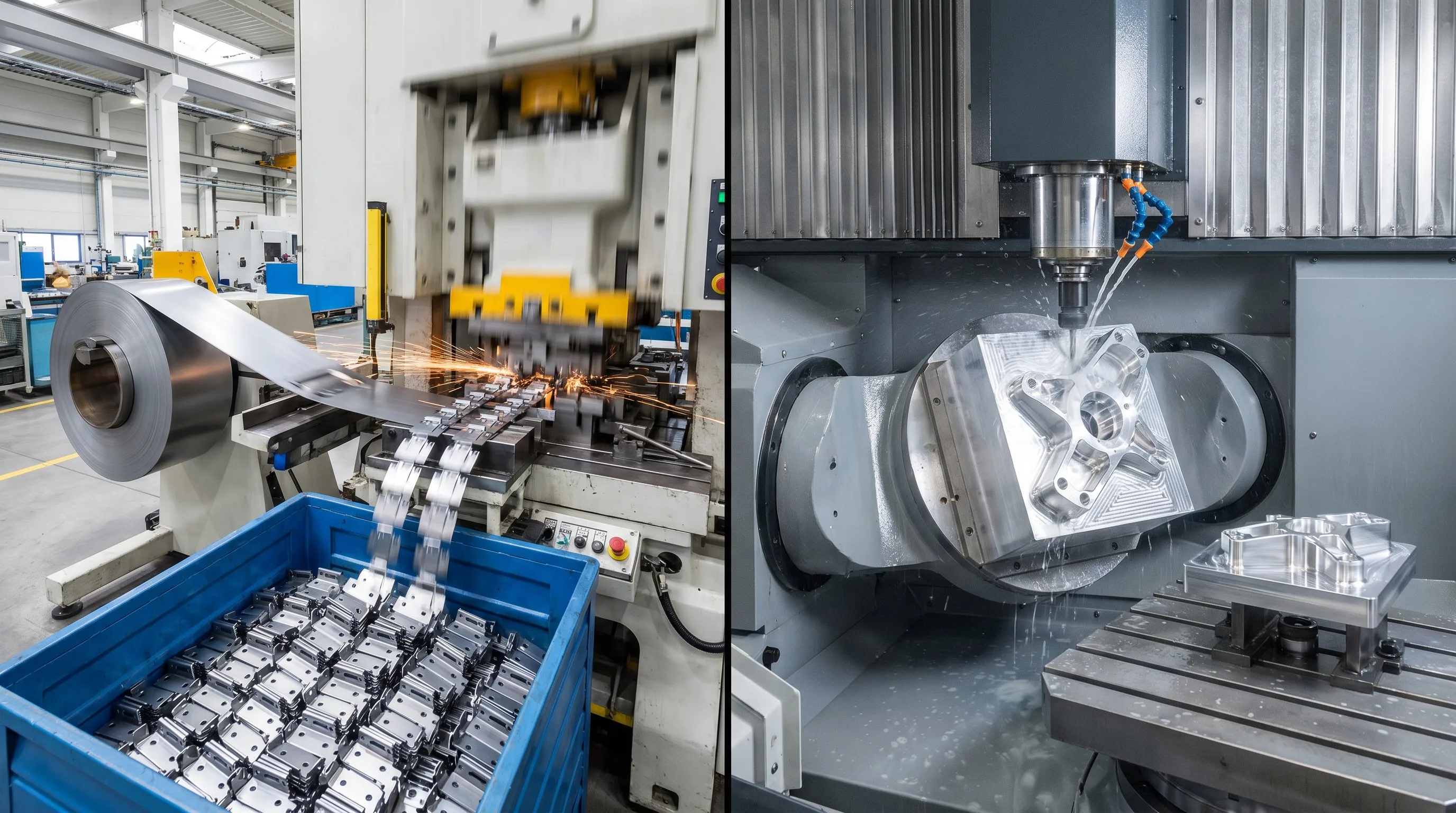 Side-by-side comparison of metal stamping production versus CNC machining process