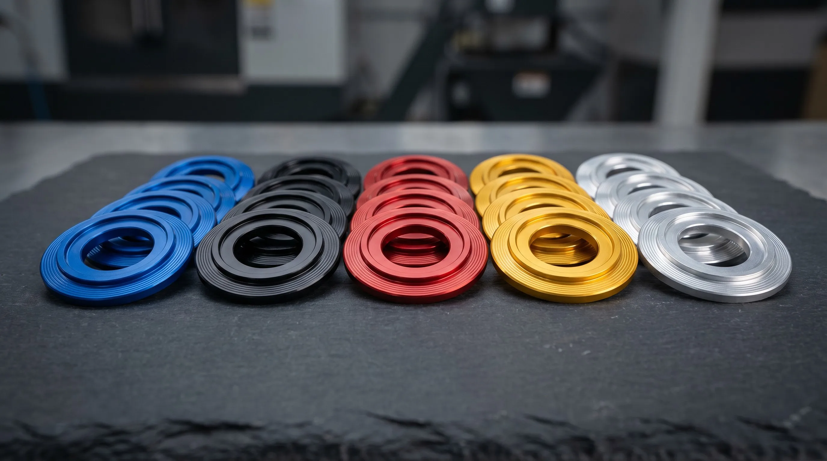 CNC machined motorcycle fender washers showing dimensional precision and anodized finishes