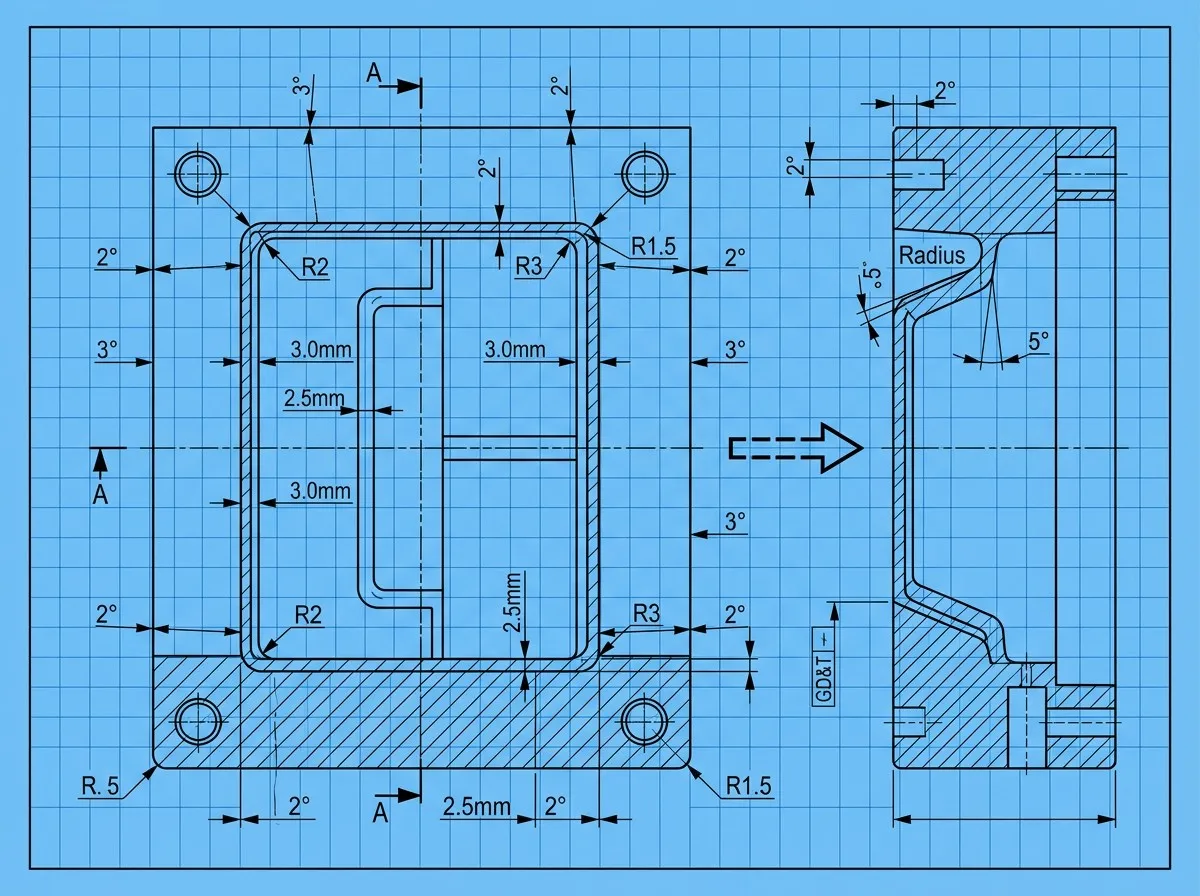 Injection mold design guidelines showing draft angle wall thickness reinforcement rib corner radius and demolding direction